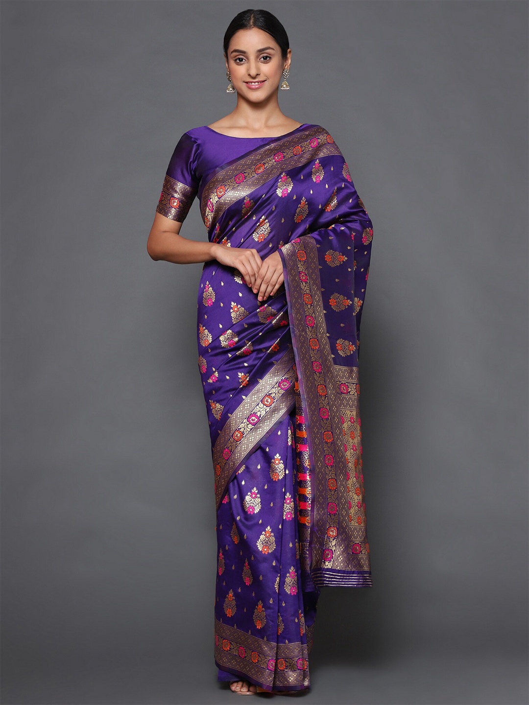 

Glemora Purple & Gold-Toned Woven Design Zari Art Silk Kanjeevaram Saree