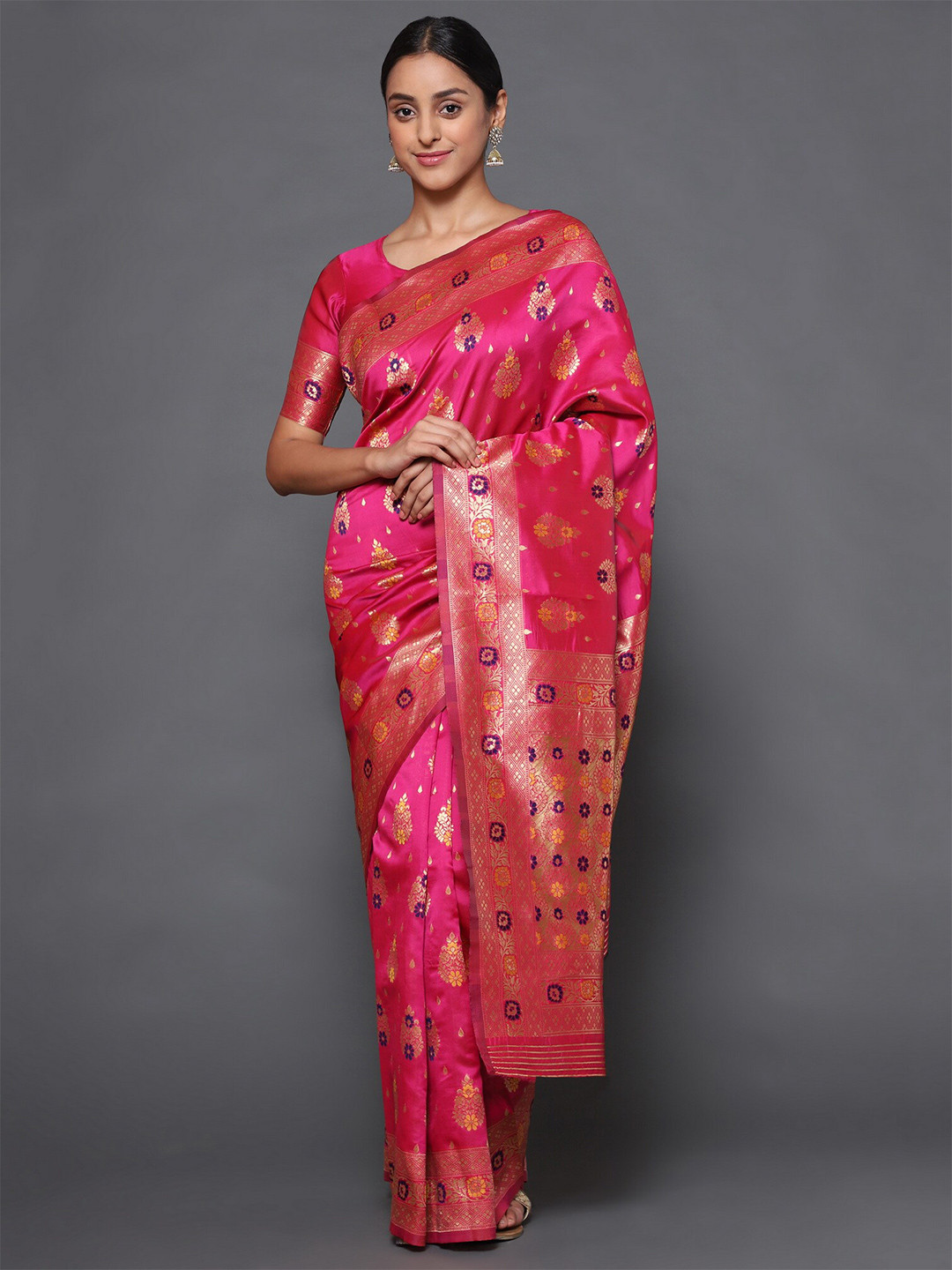 

Glemora Women Pink & Gold-Toned Woven Design Zari Art Silk Kanjeevaram Saree