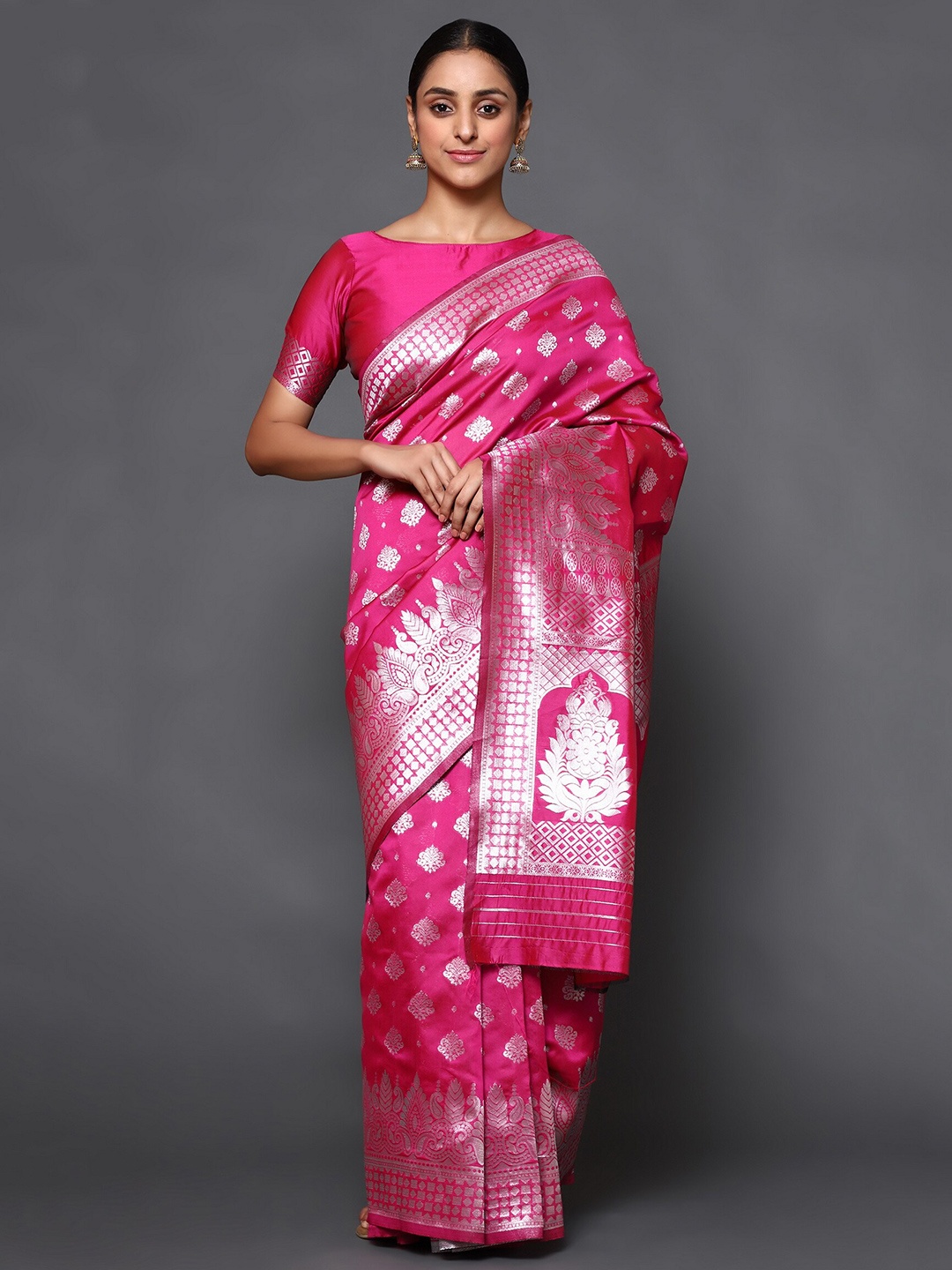 

Glemora Pink & Silver-Toned Woven Design Zari Art Silk Kanjeevaram Saree