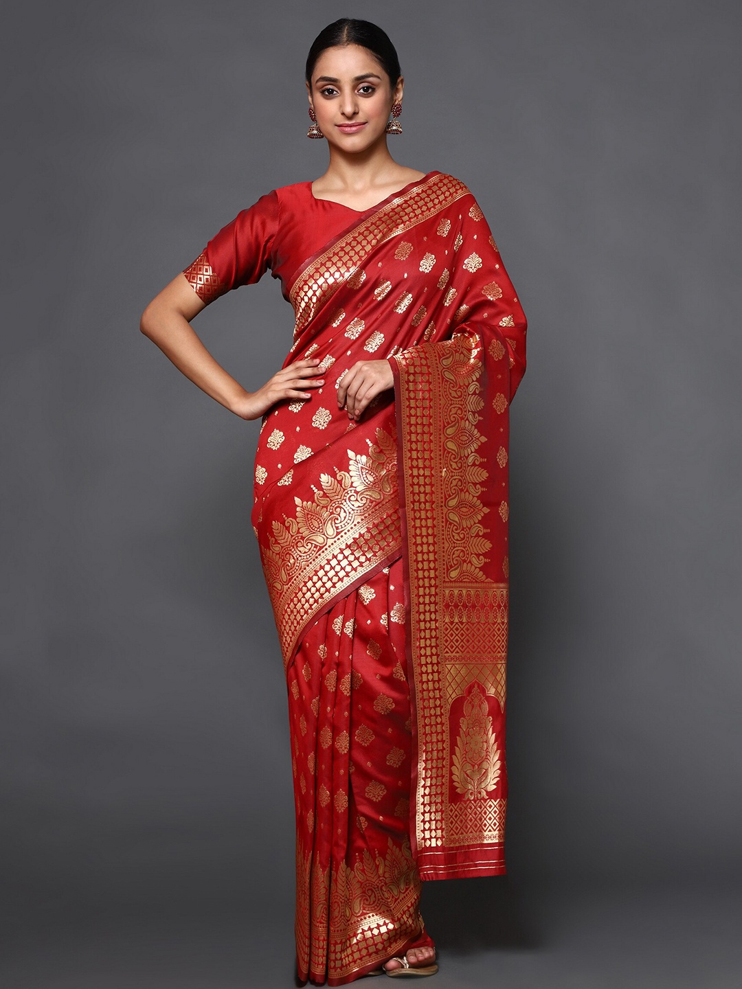 

Glemora Red & Gold-Toned Woven Design Zari Art Silk Kanjeevaram Saree