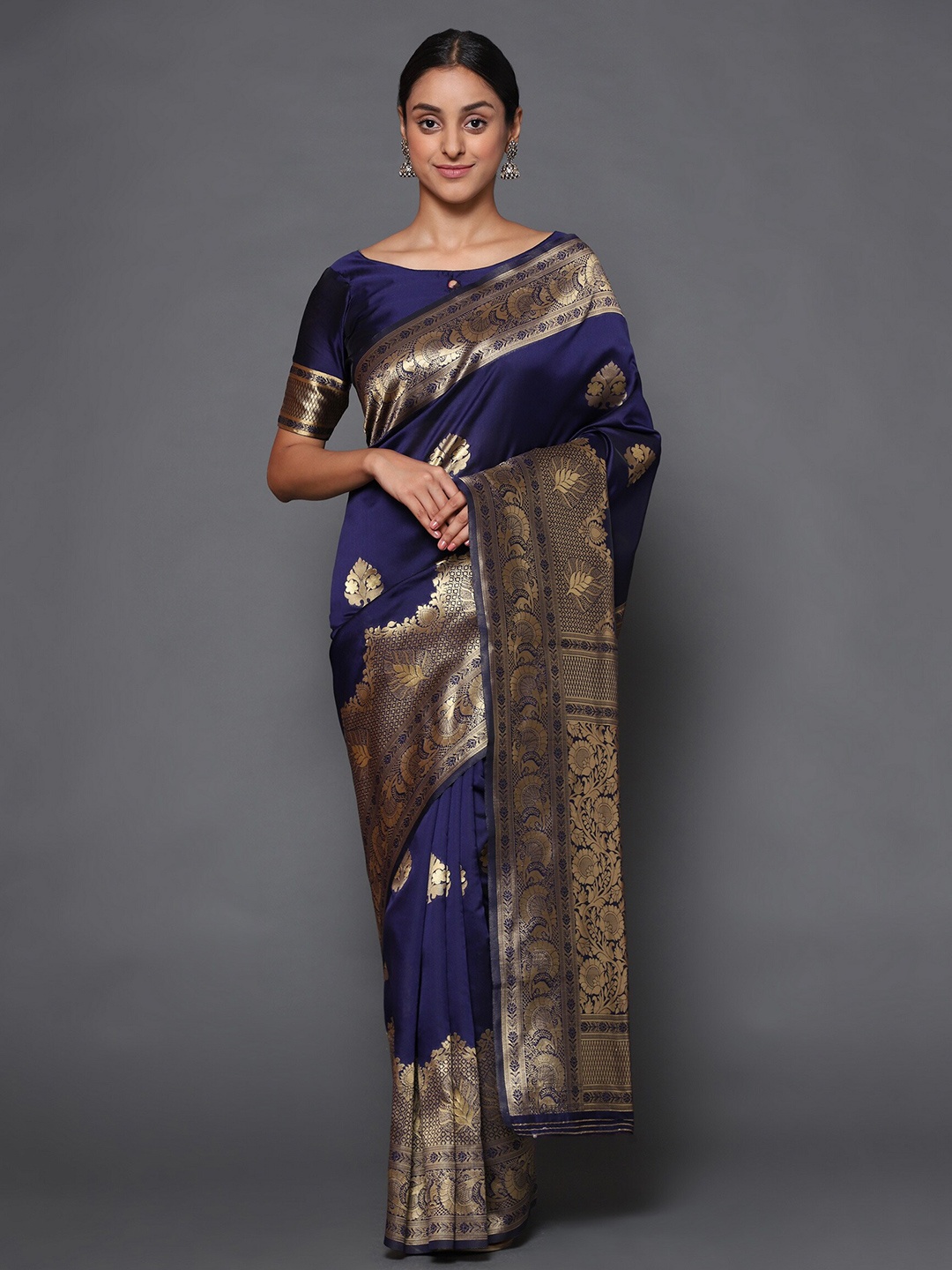 

Glemora Women Blue & Gold-Toned Woven Design Zari Art Silk Kanjeevaram Saree