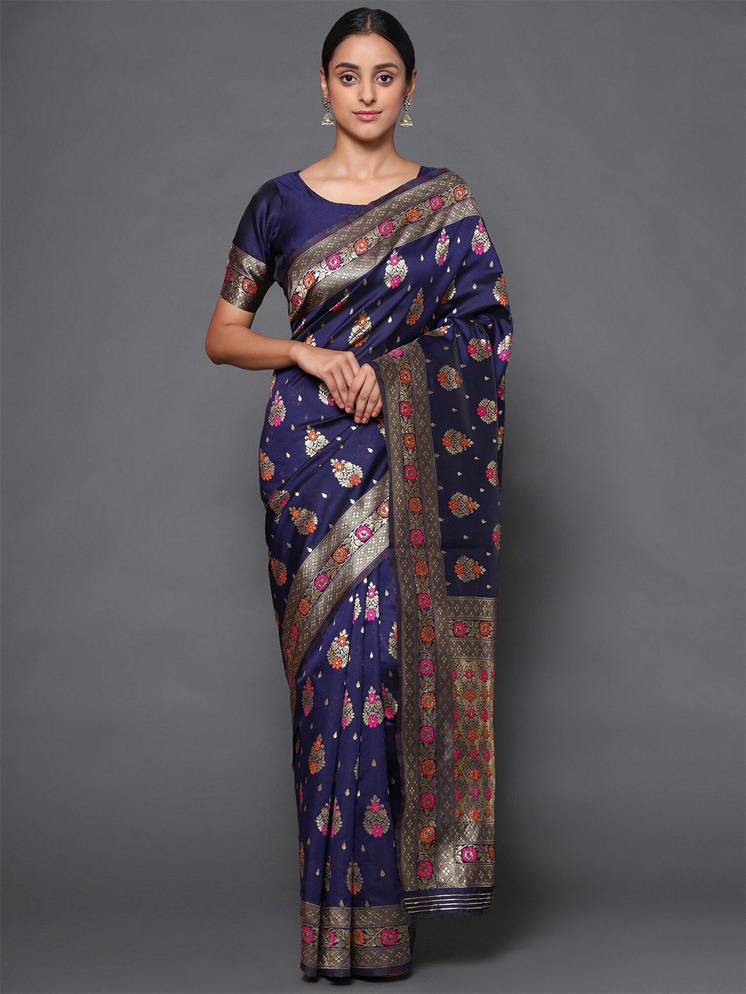 

Glemora Navy Blue & Red Woven Design Zari Art Silk Kanjeevaram Saree