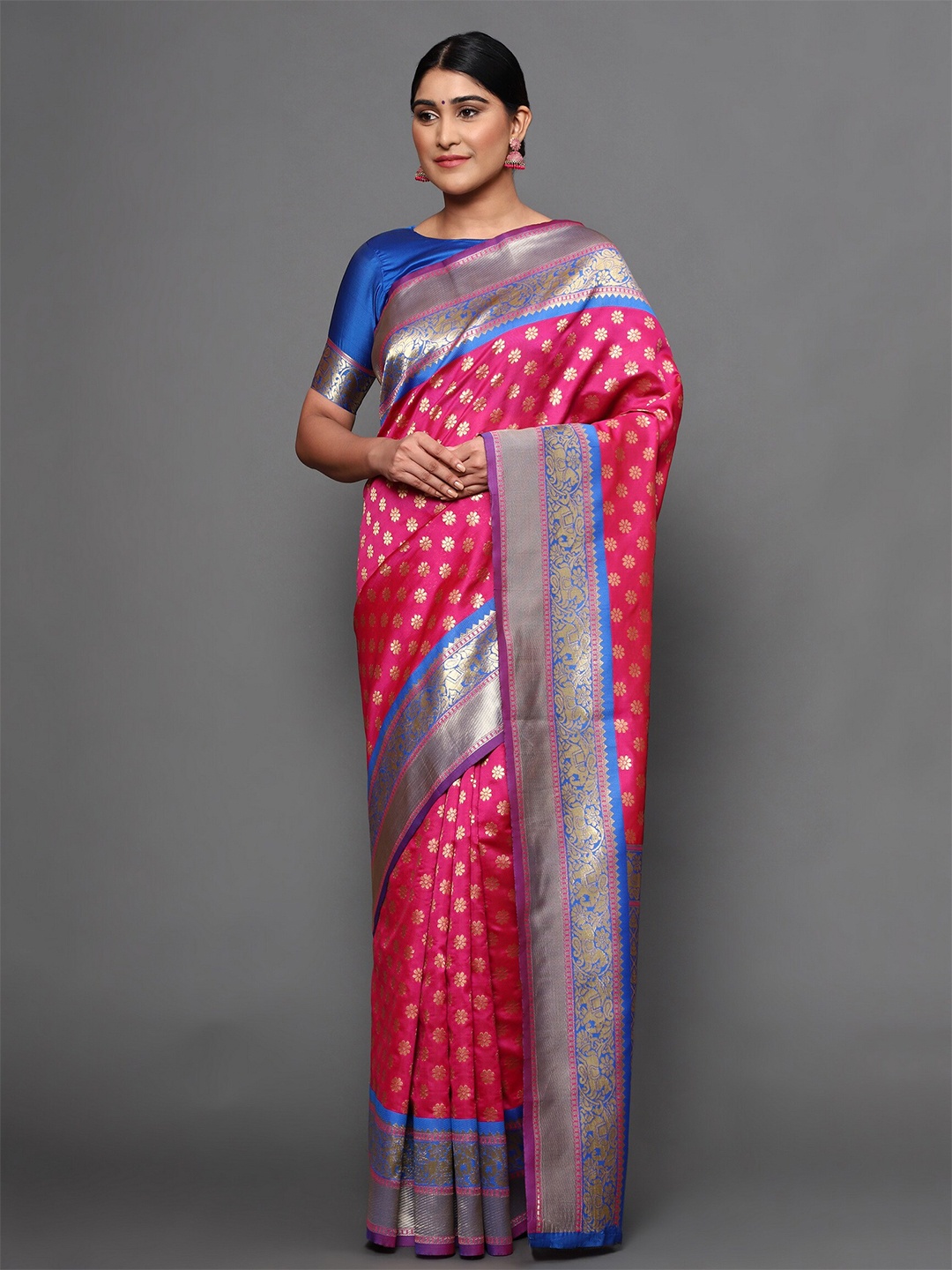 

Glemora Pink & Blue Woven Design Zari Art Silk Kanjeevaram Saree
