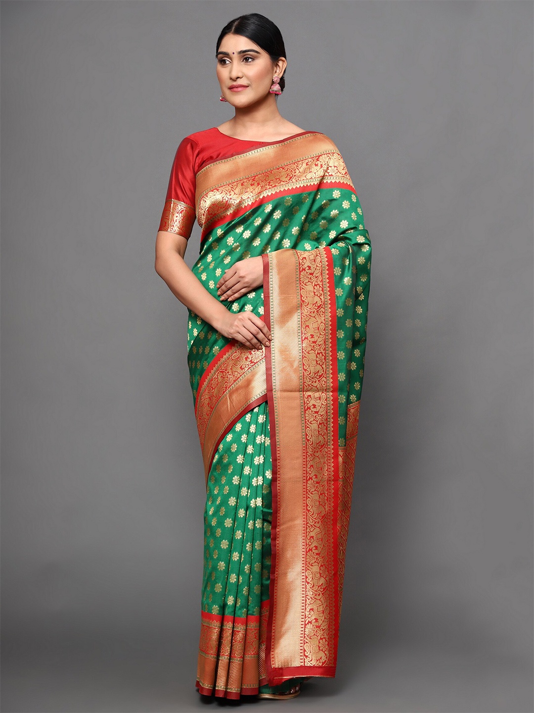 

Glemora Green & Red Ethnic Motifs Zari Art Silk Kanjeevaram Saree