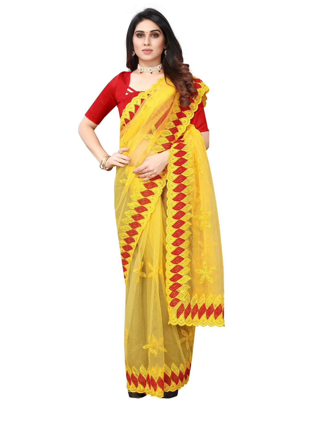 

TIEXA Yellow & Red Floral Embroidered Net Saree