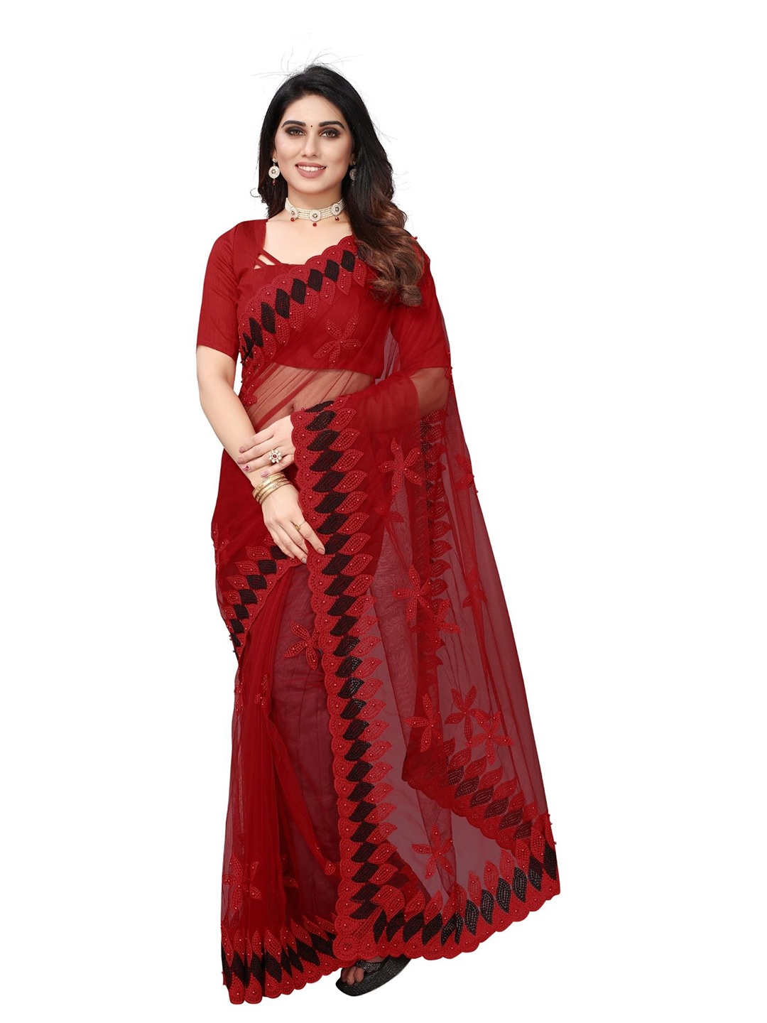 

TIEXA Women Red & Black Embroidered Net Saree