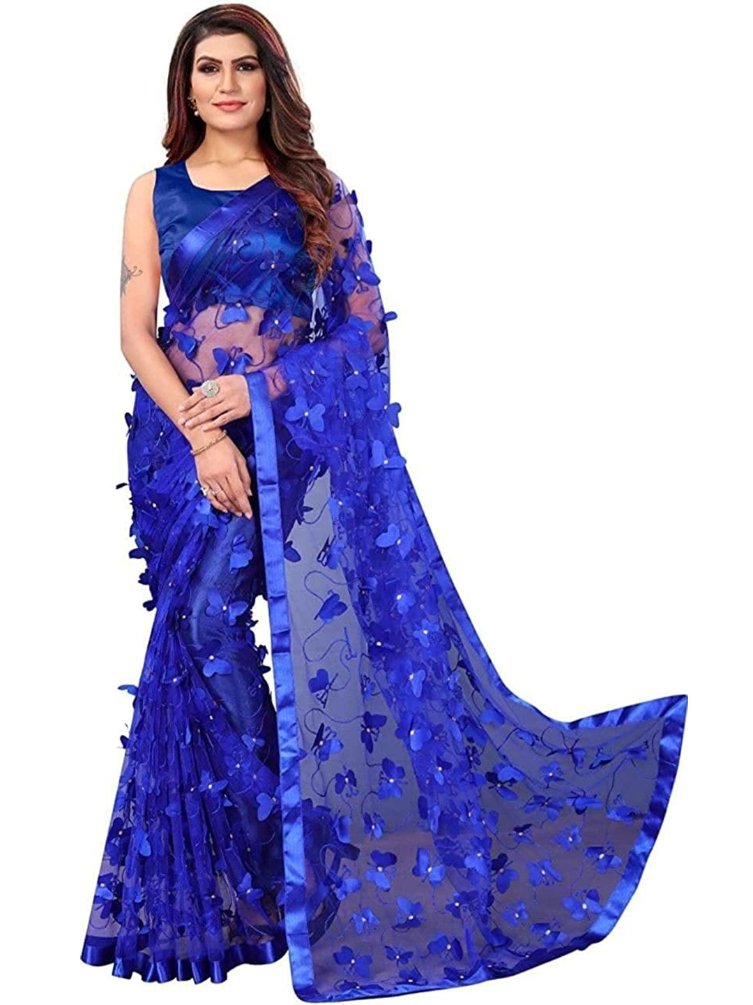 

TIEXA Blue Butterfly Embellished Net Saree
