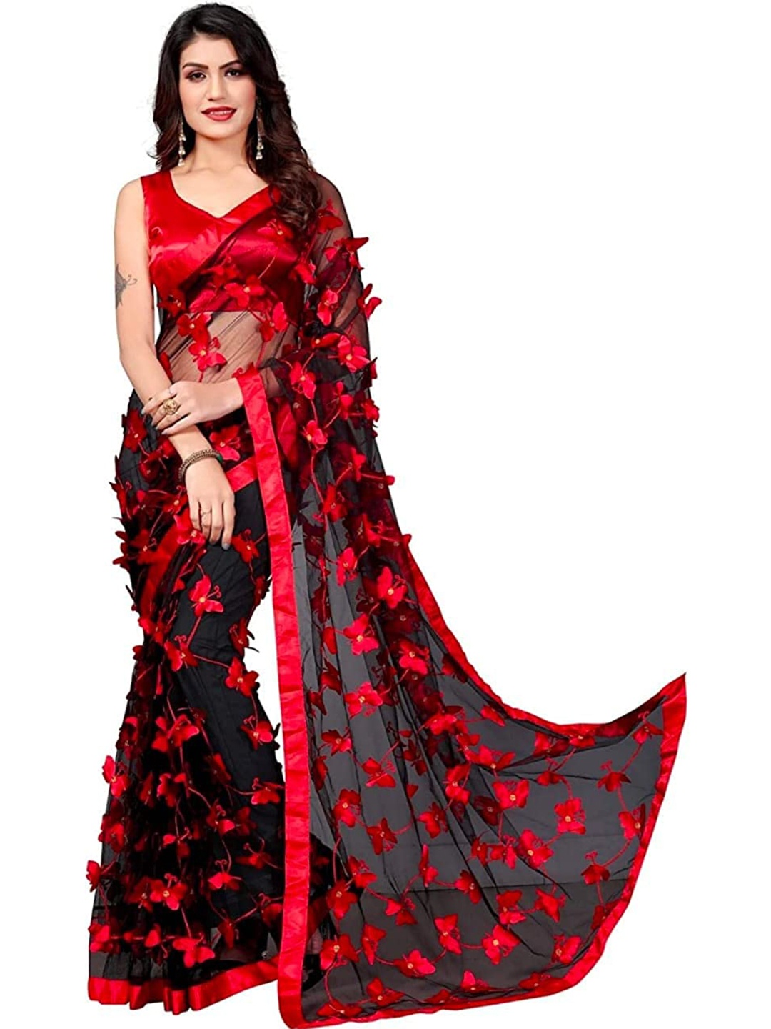 

TIEXA Black & Rose Gold Floral Net Saree
