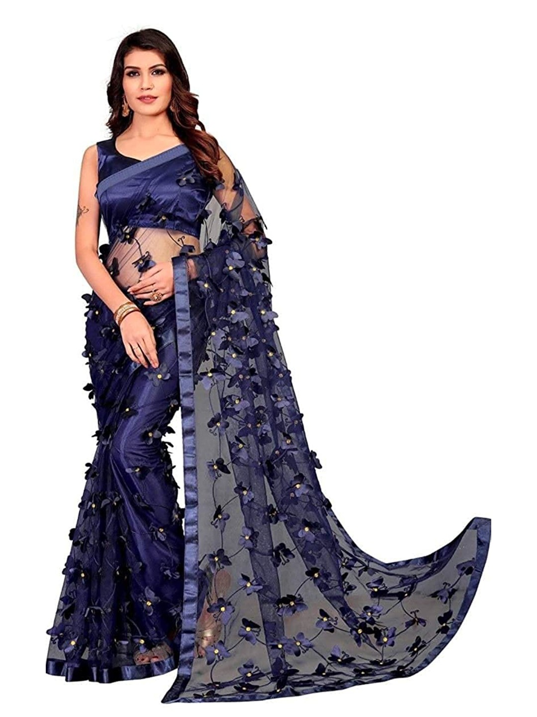 

TIEXA Women Navy Blue Floral Embroidered Net Saree