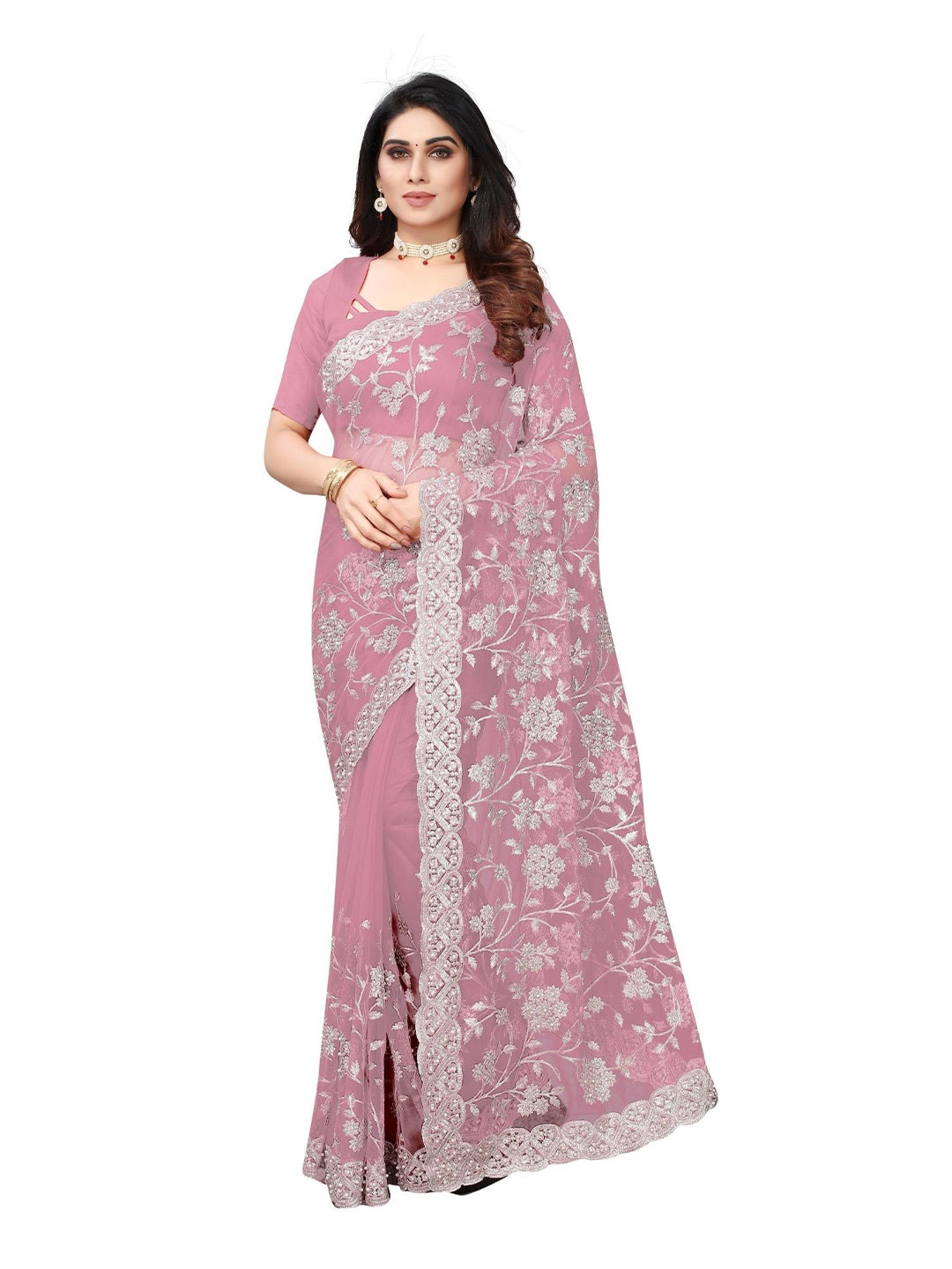 

TIEXA Pink Floral Net Embroidered Saree