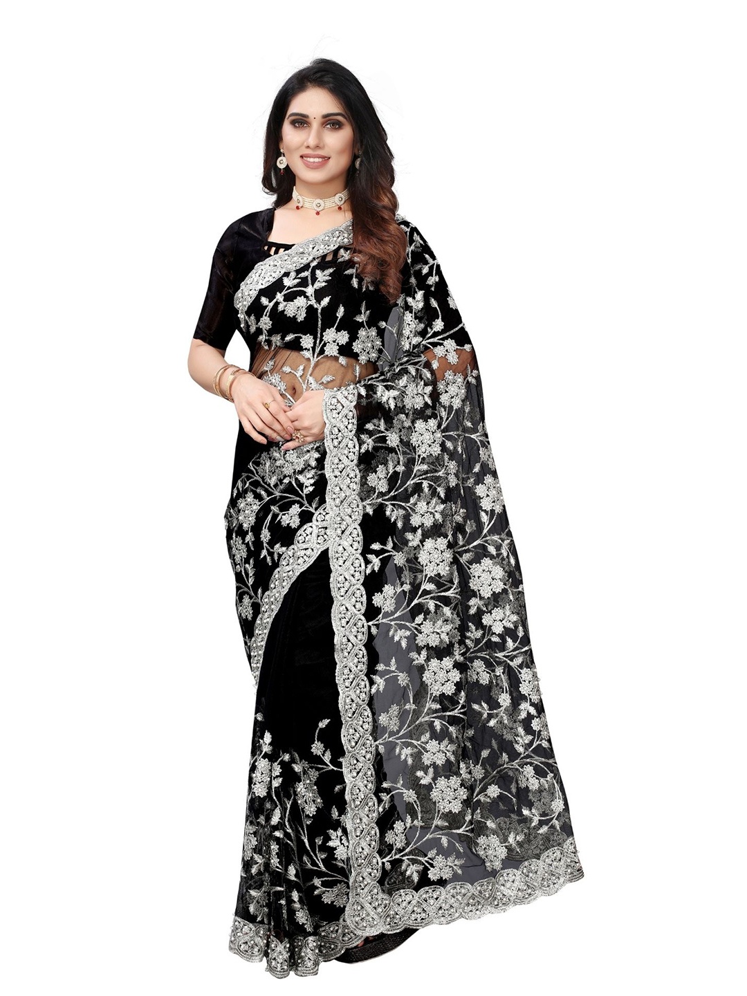 

TIEXA Black & Grey Floral Embroidered Net Saree