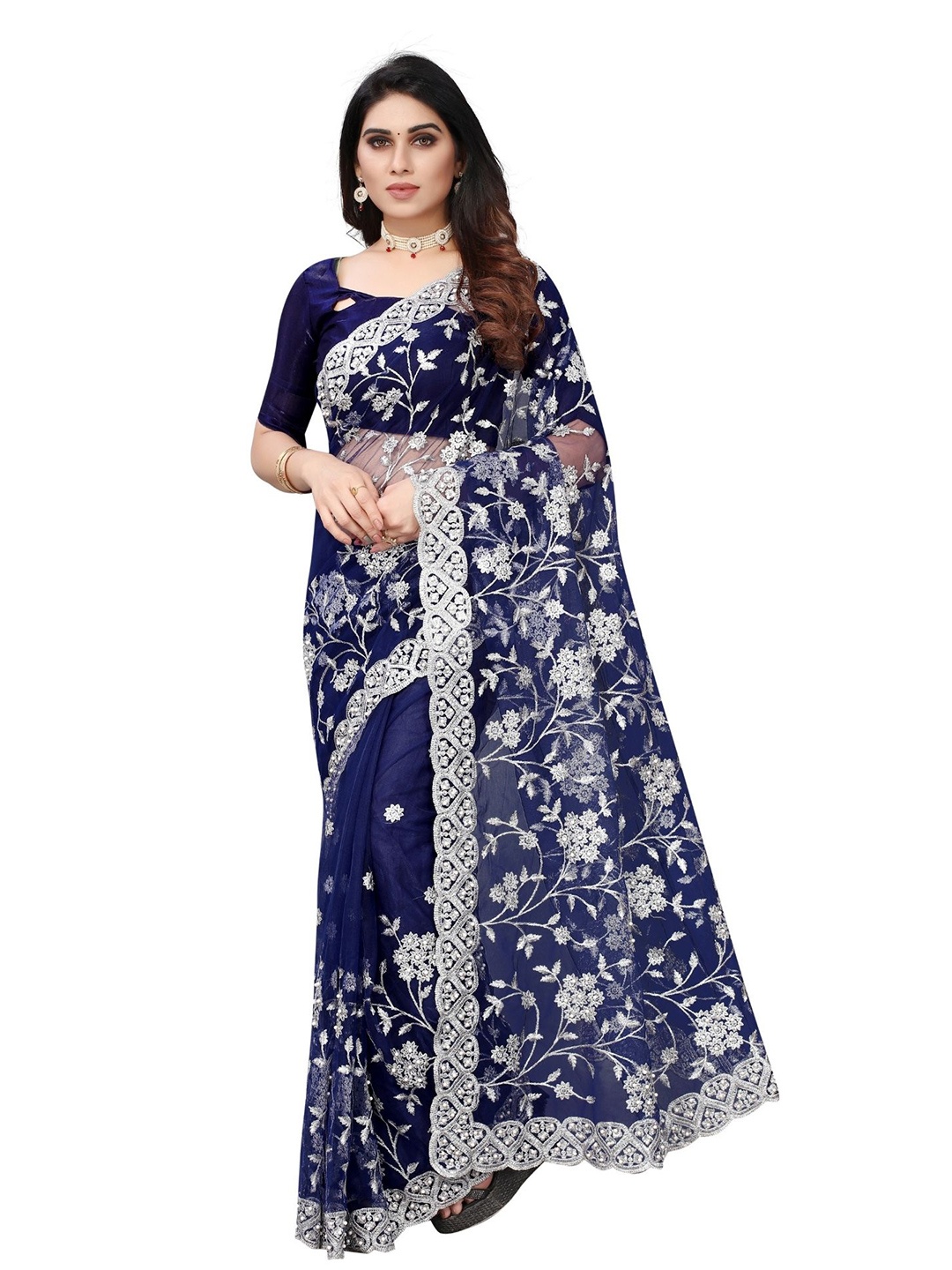 

TIEXA Navy Blue & Silver-Toned Floral Embroidered Net Saree