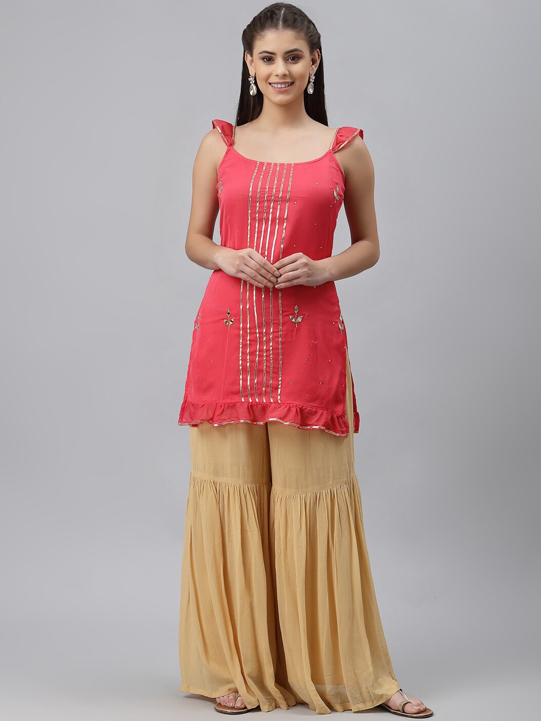

studio rasa Women Coral Embroidered Mirror Work Kurta with Sharara