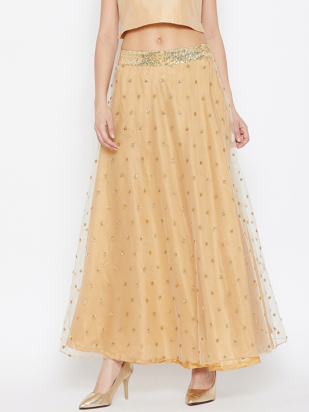 

Studio Rasa Women Beige Gold Sequins Embellished Flared Net Maxi-Skirt