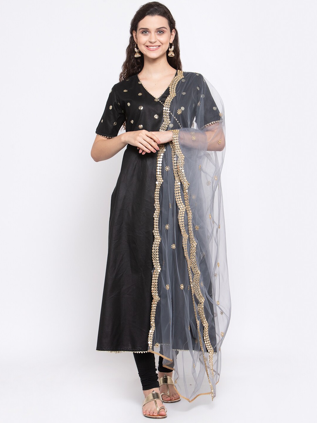

studio rasa Women Grey & Gold-Toned Embroidered Dupatta with Sequinned