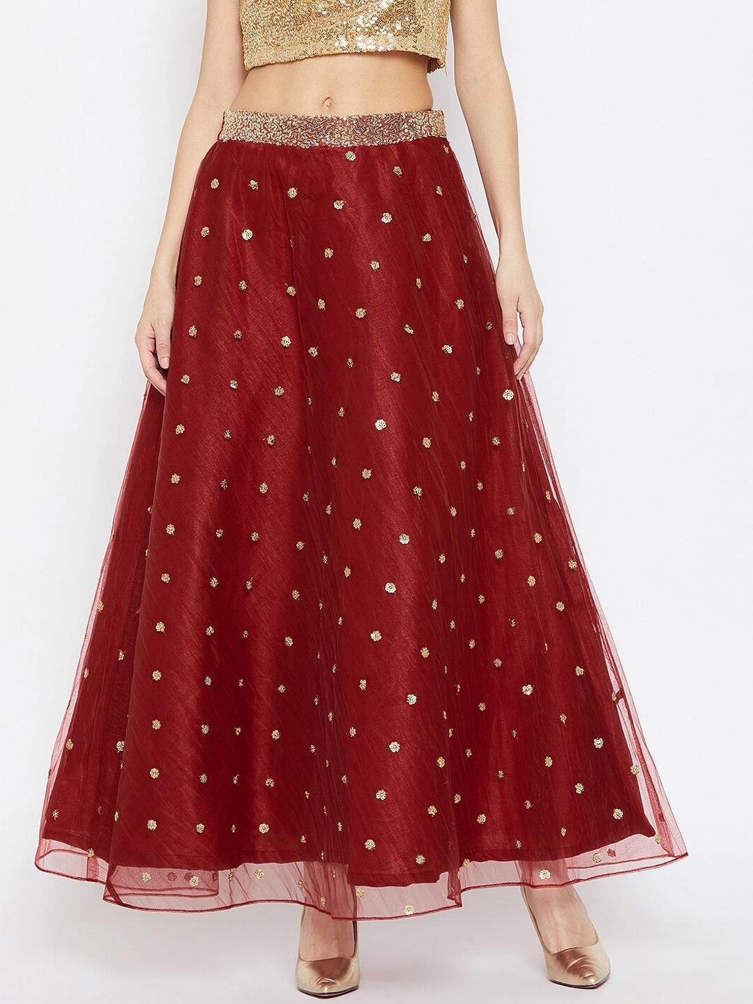 

studio rasa Women Maroon & Gold Coloured Net Sequin Embroidered Maxi Skirts
