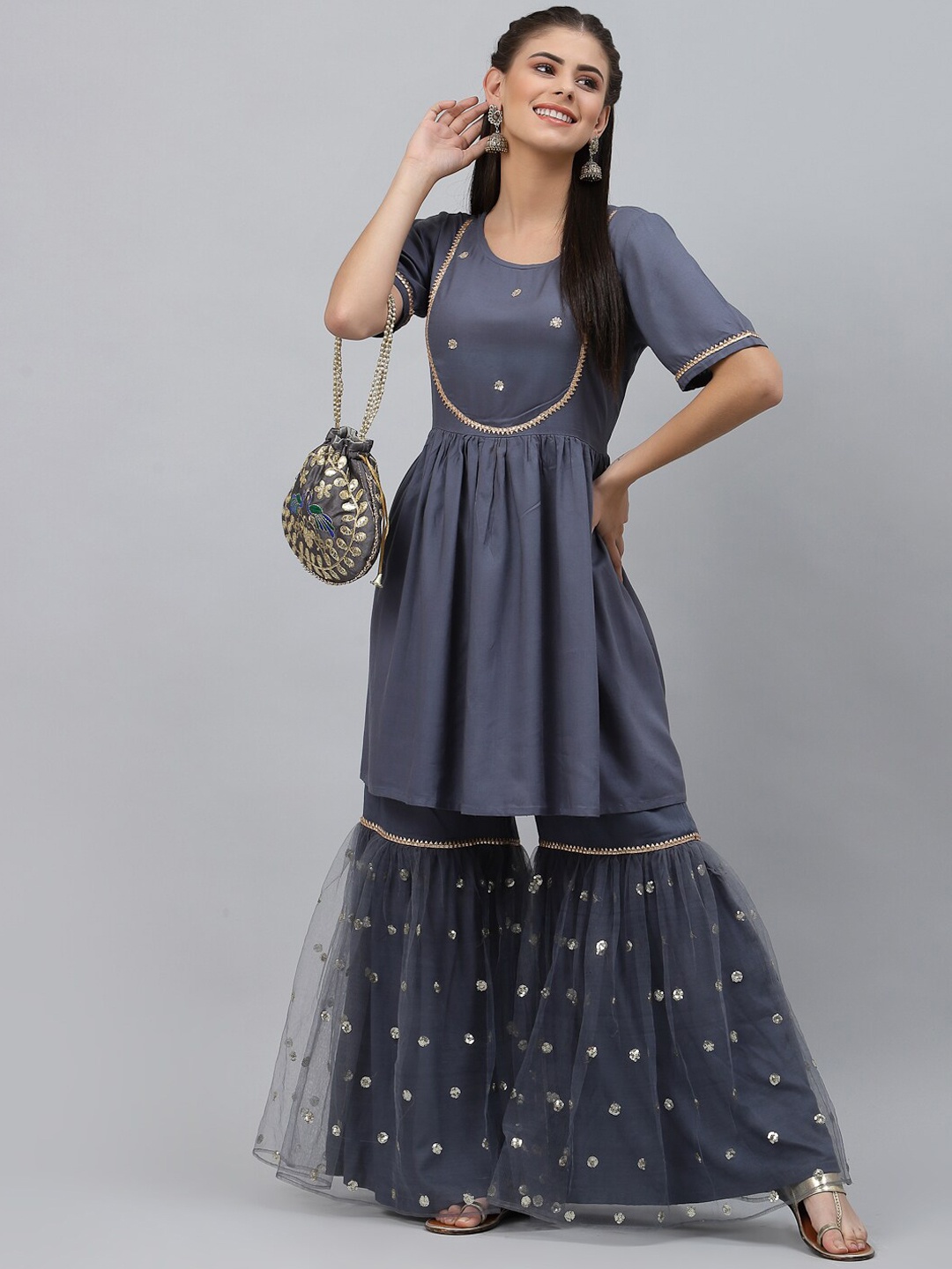 

studio rasa Women Grey Embroidered Pleated Sequinned Kurta with Sharara