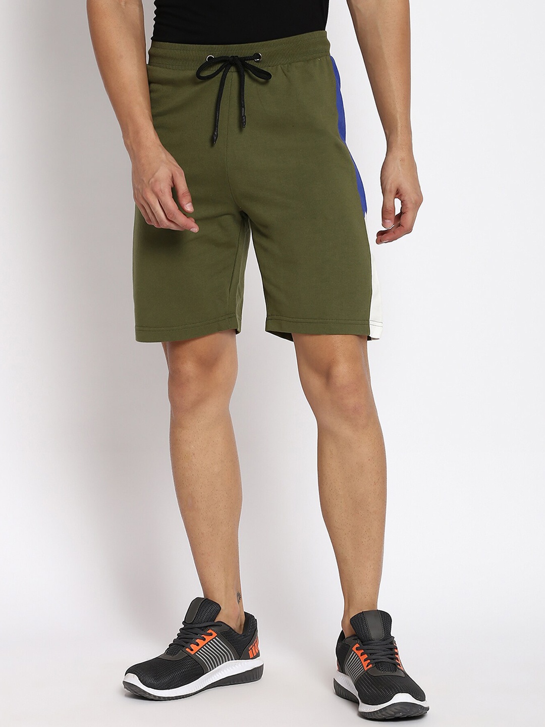 

abof Men Olive Green Colourblocked Cotton Sports Shorts
