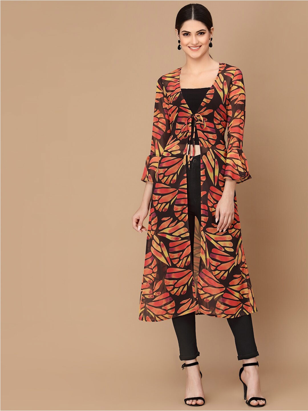 

KASSUALLY Women Black & Red Printed Longline Shrug