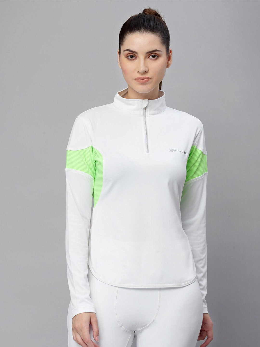 

JUMP USA Women White & Fluorescent Green High Neck T-shirt