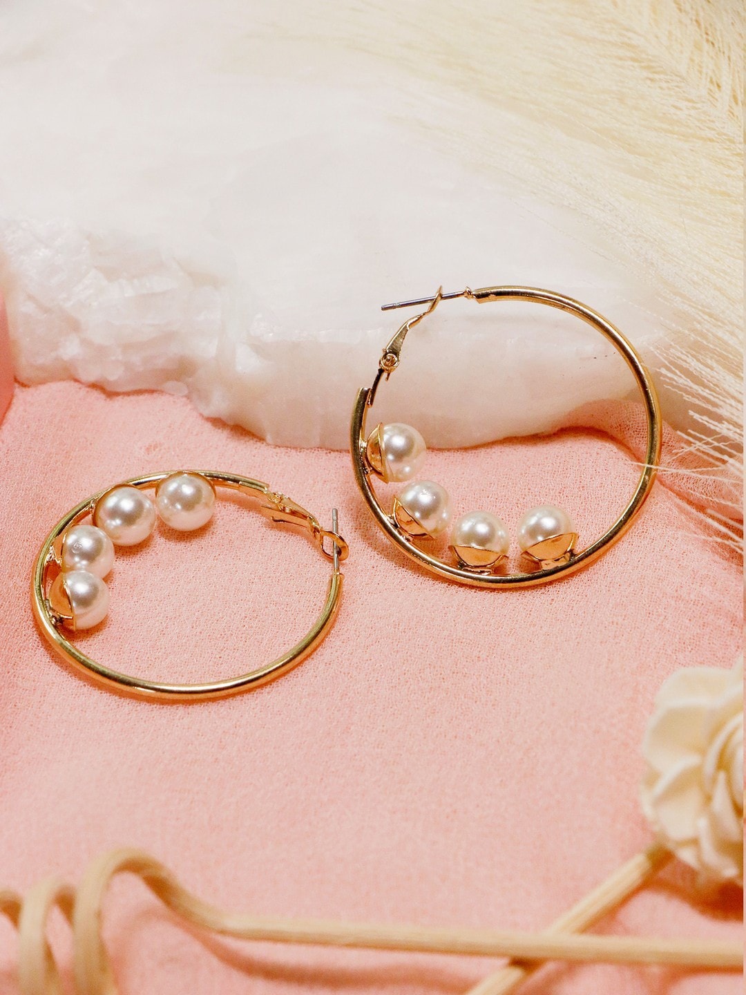 

Ishhaara Women Gold-Toned & White Circular Hoop Earrings