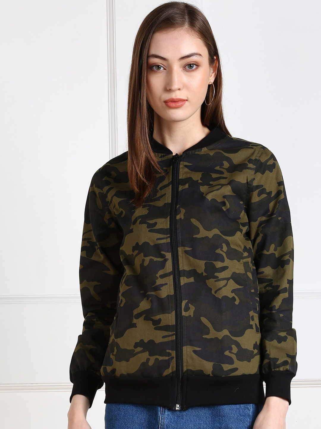 

MONTREZ Women Green Camouflage Print Bomber Jacket