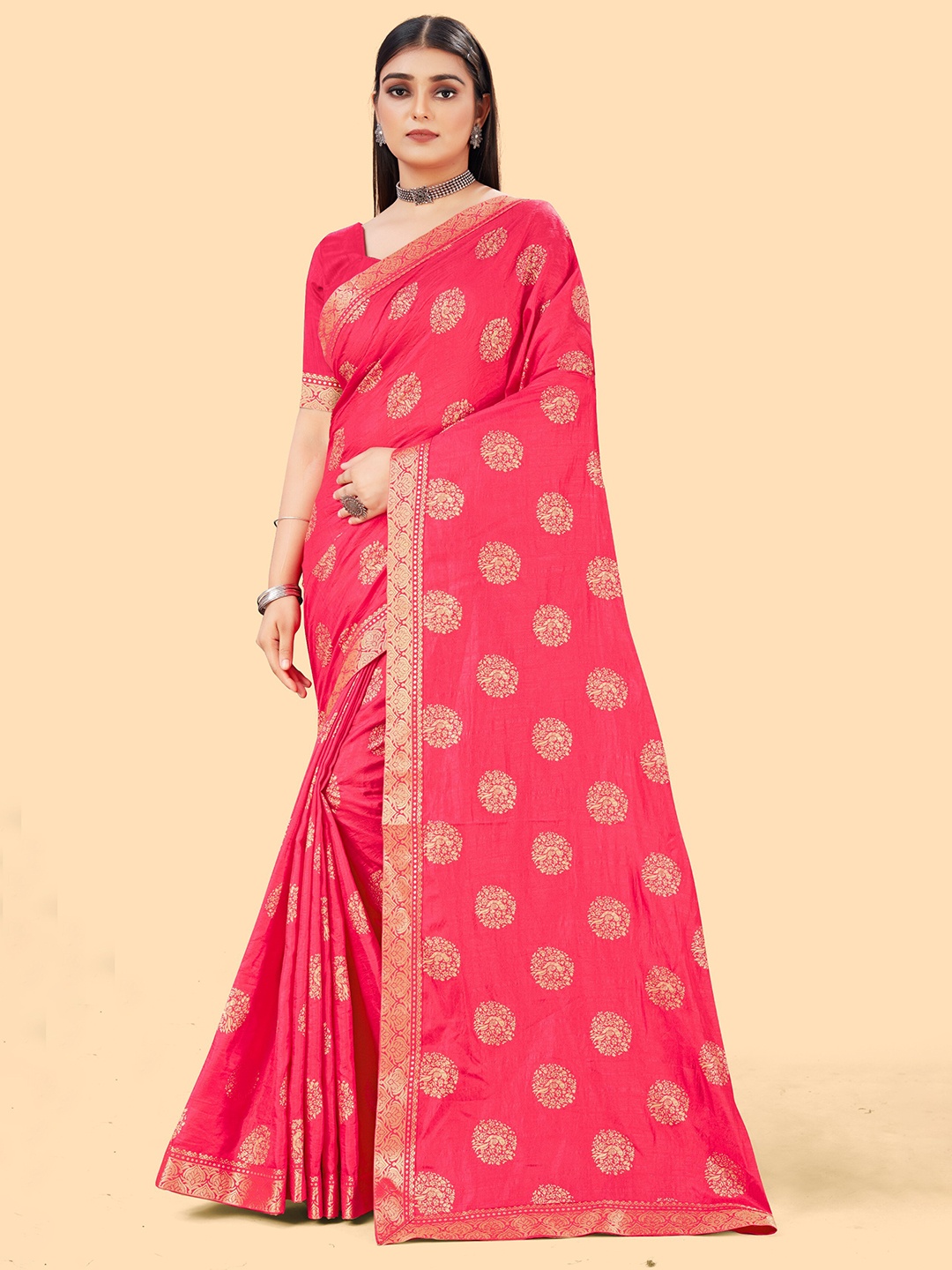 

TEREZA Pink & Gold-Toned Floral Zari Silk Blend Banarasi Saree