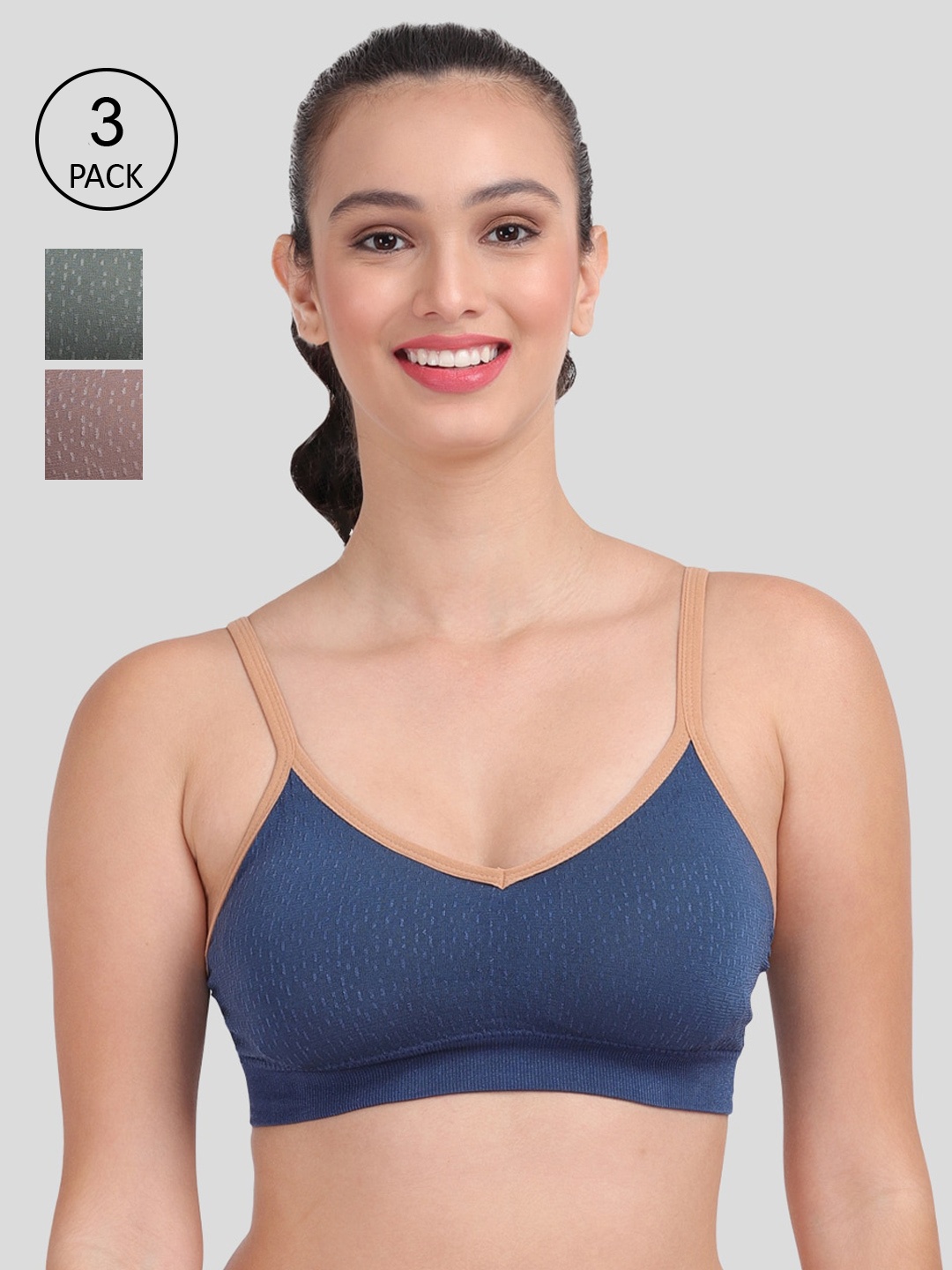 

Amour Secret Women Pack Of 3 Blue Green & Mauve Lightly Padded Sports Bras