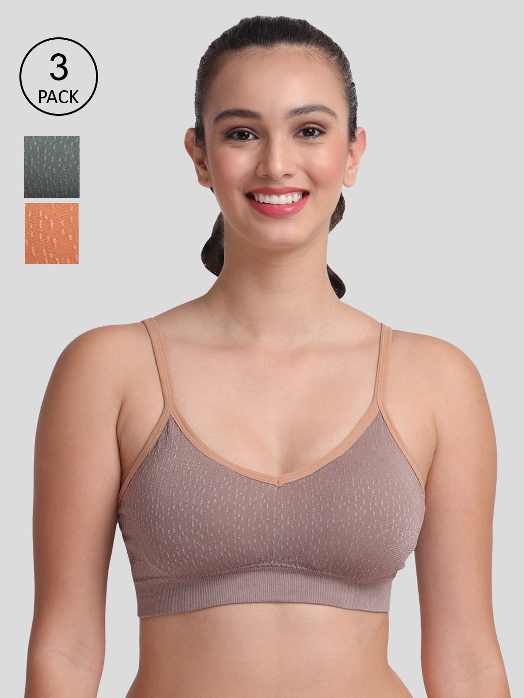 

Amour Secret Women Pack Of 3 Mauve Green & Rust Lightly Padded Sports Bras, Brown