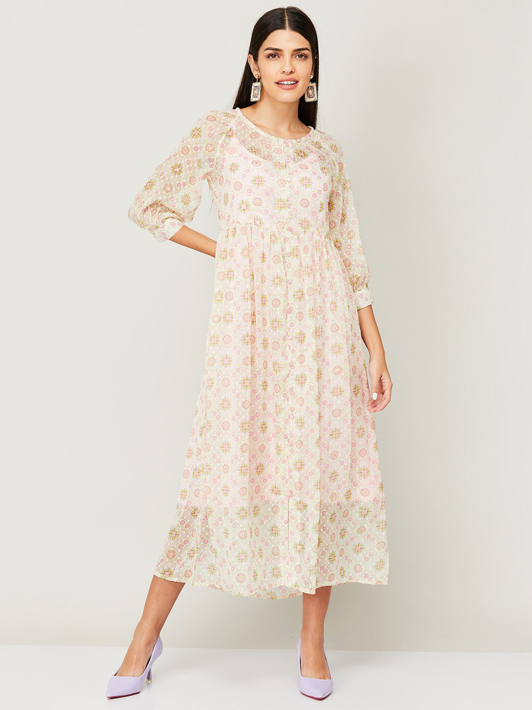 

Colour Me by Melange Women Beige Floral A-Line Midi Dress