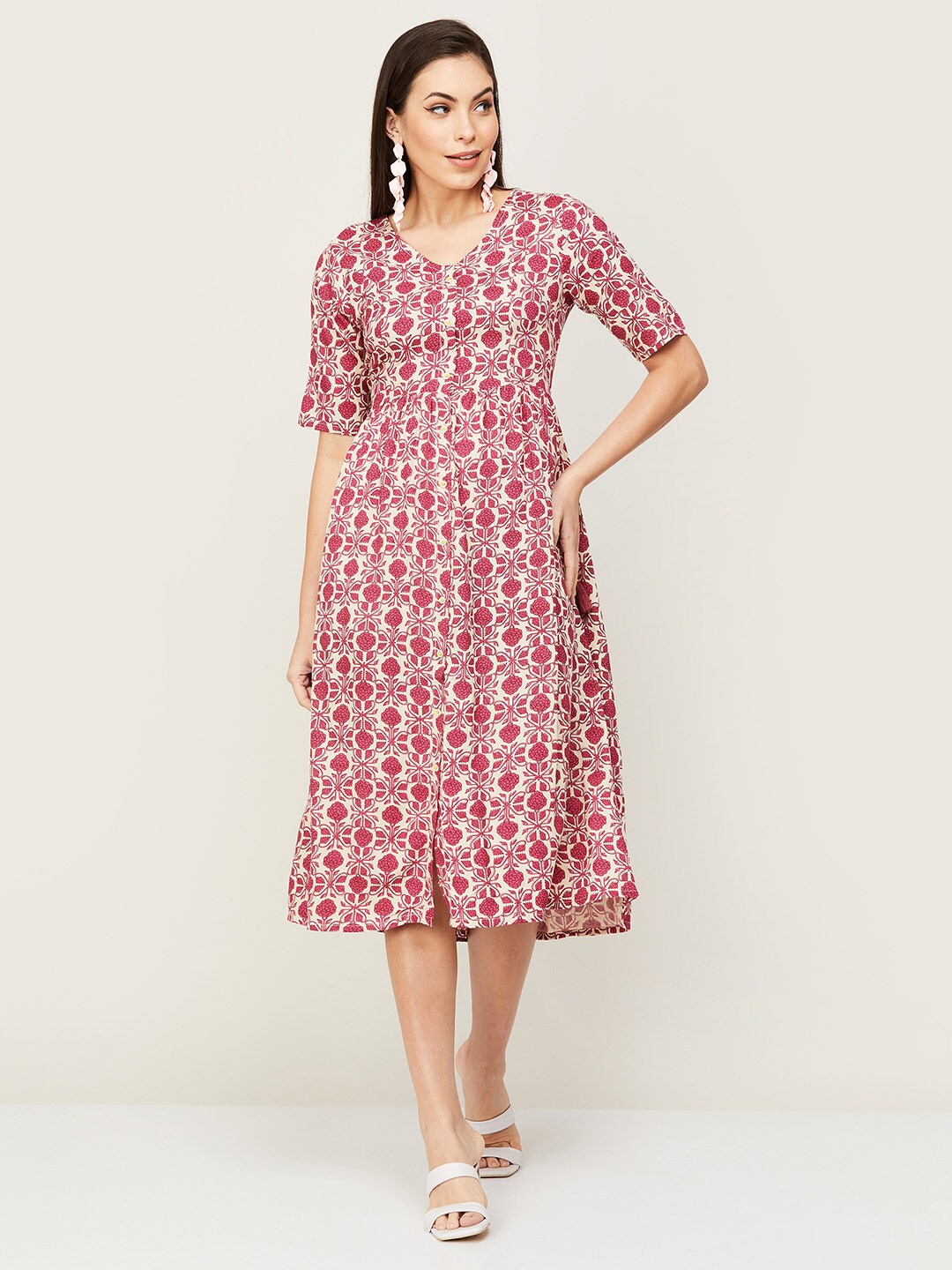 

Colour Me by Melange Red & Cream-Coloured Floral Printed A-Line Midi Dress