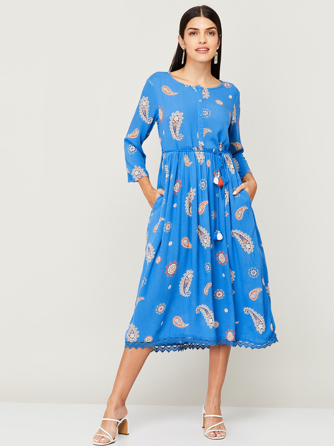 

Colour Me by Melange Blue Ethnic Motifs Midi Dress