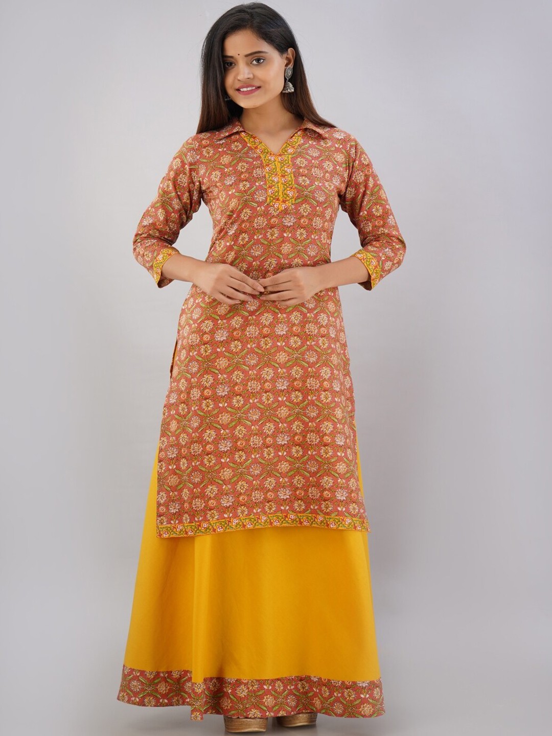 

KALINI Women Orange Ethnic Motifs Printed Pure Cotton Kurta with Skirt