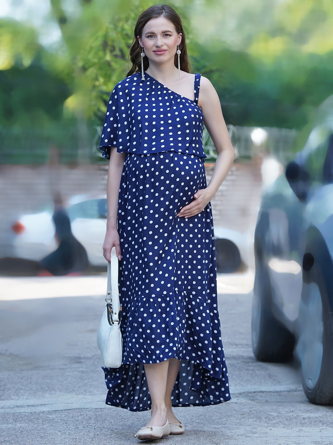 

Mine4Nine Blue Polka Dots Printed One Shoulder Maternity Maxi Dress
