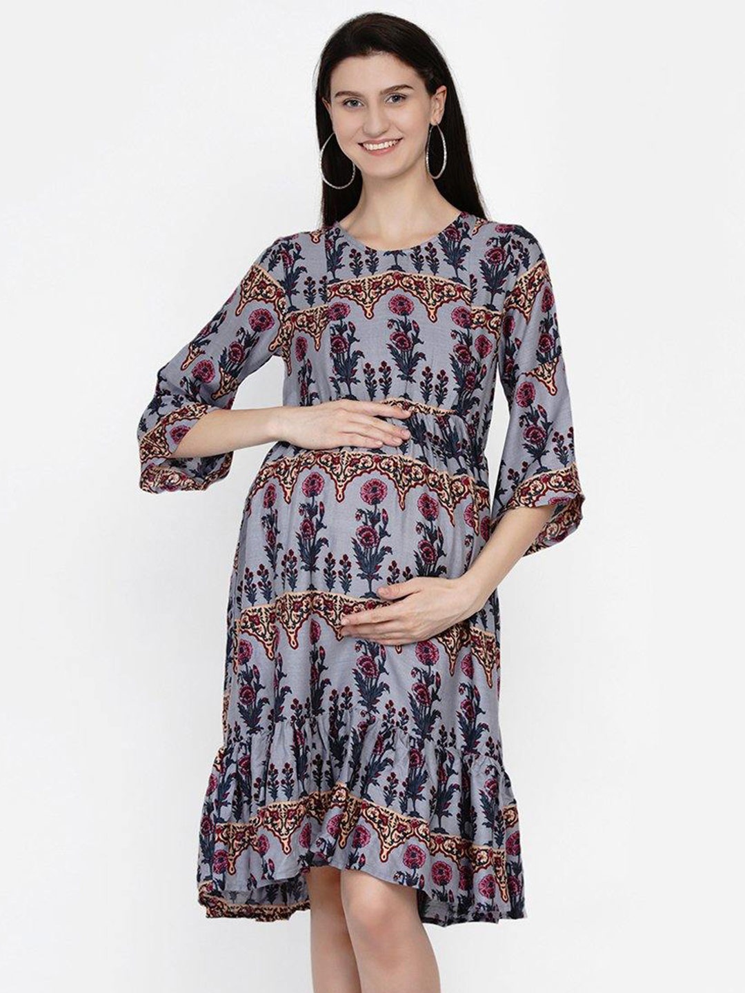 

Mine4Nine Grey Ethnic Motifs Maternity A-Line Midi Dress