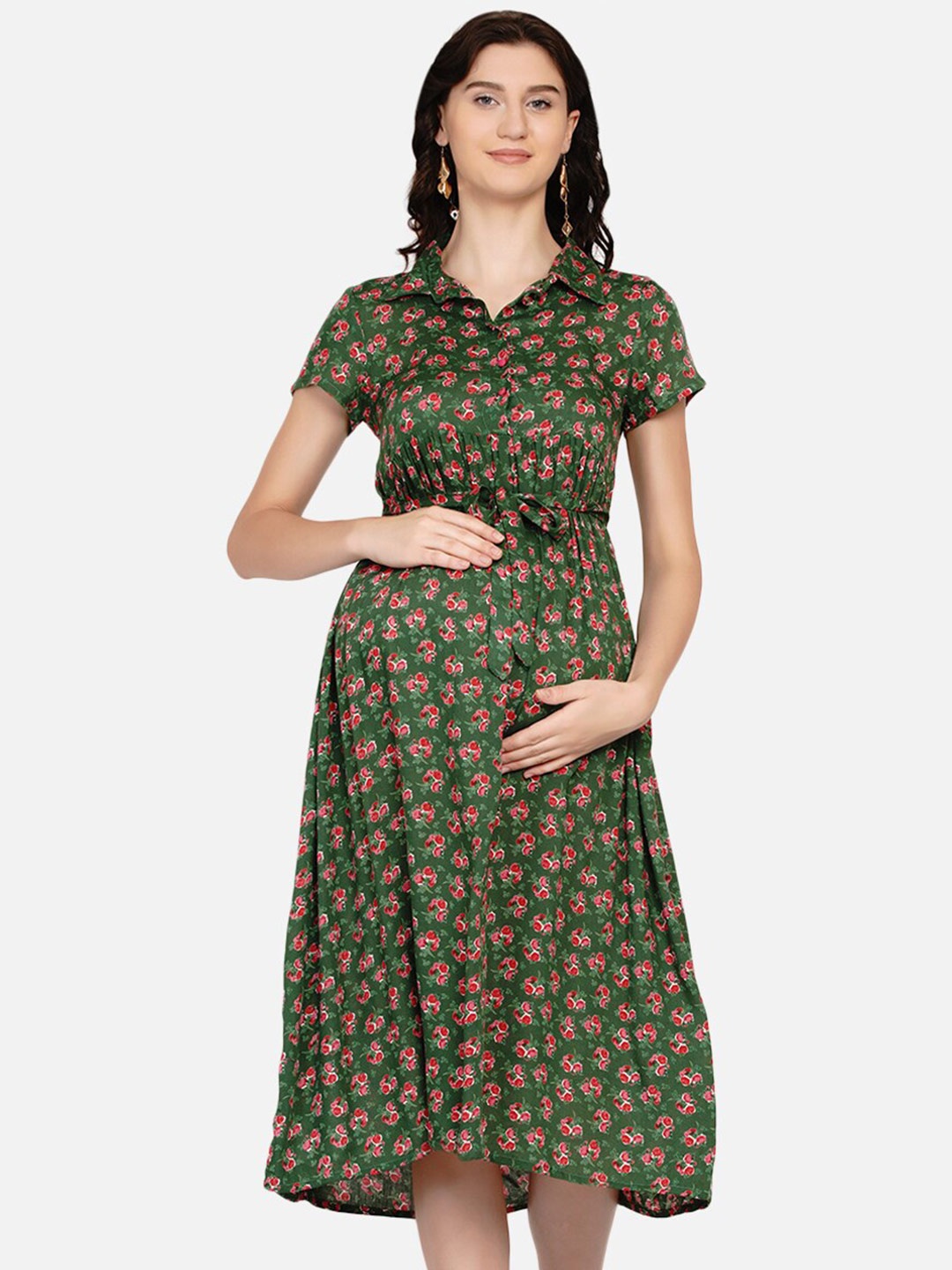 

Mine4Nine Women Green Floral Printed Maternity Dress
