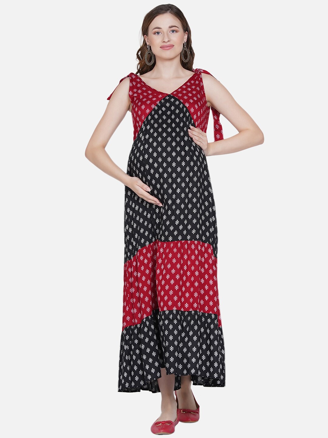 

Mine4Nine Red & Black Maternity A-Line Maxi Dress