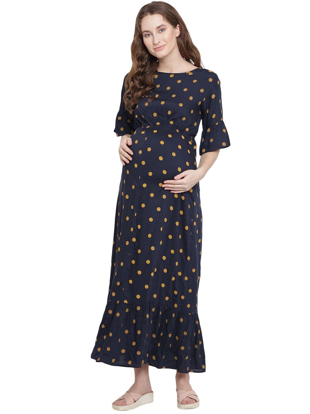 

Mine4Nine Women Navy Blue Maternity A-Line Maxi Dress