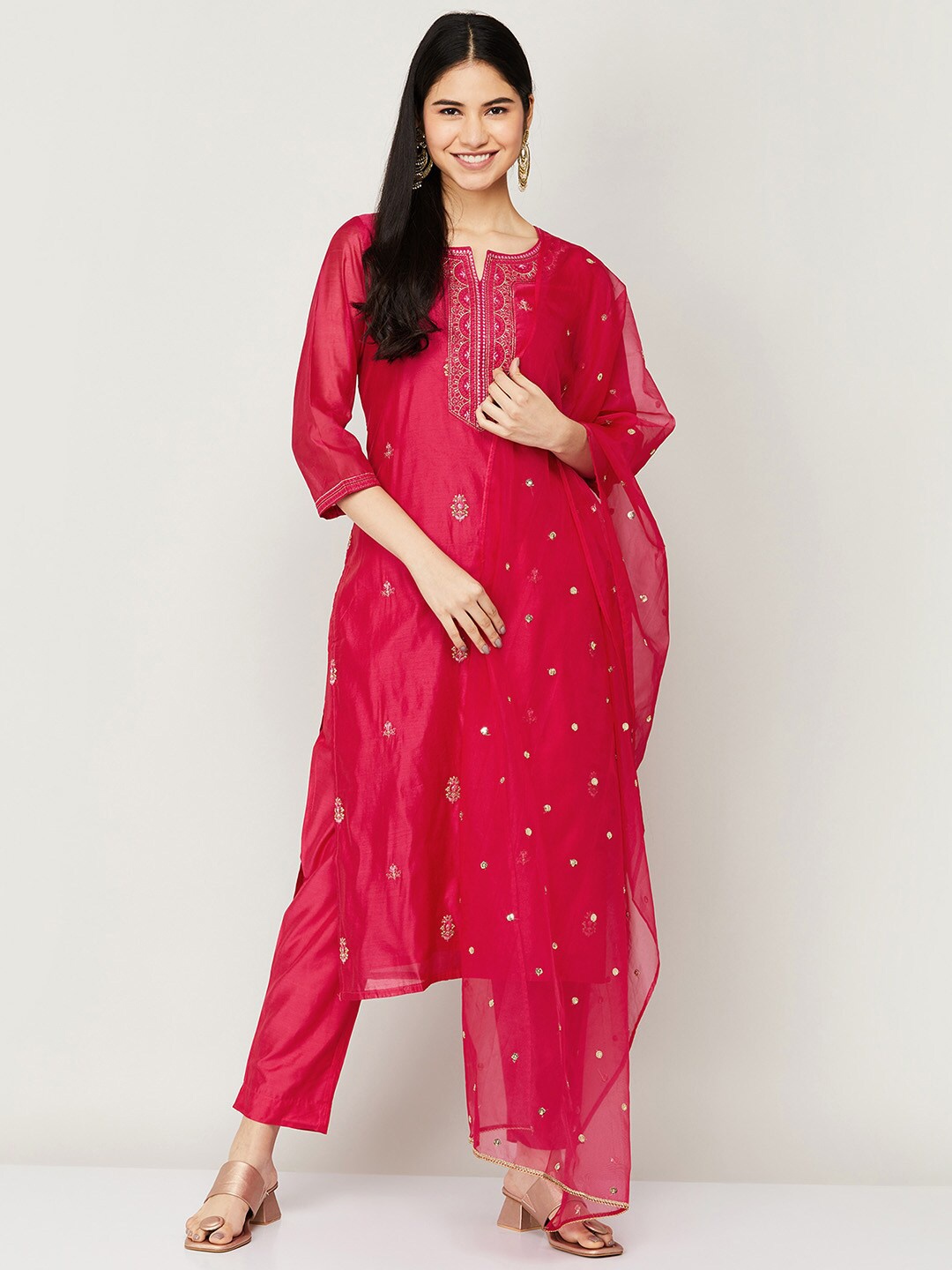 

Melange by Lifestyle Women Pink Ethnic Motifs Kurta with Trouser & Dupatta