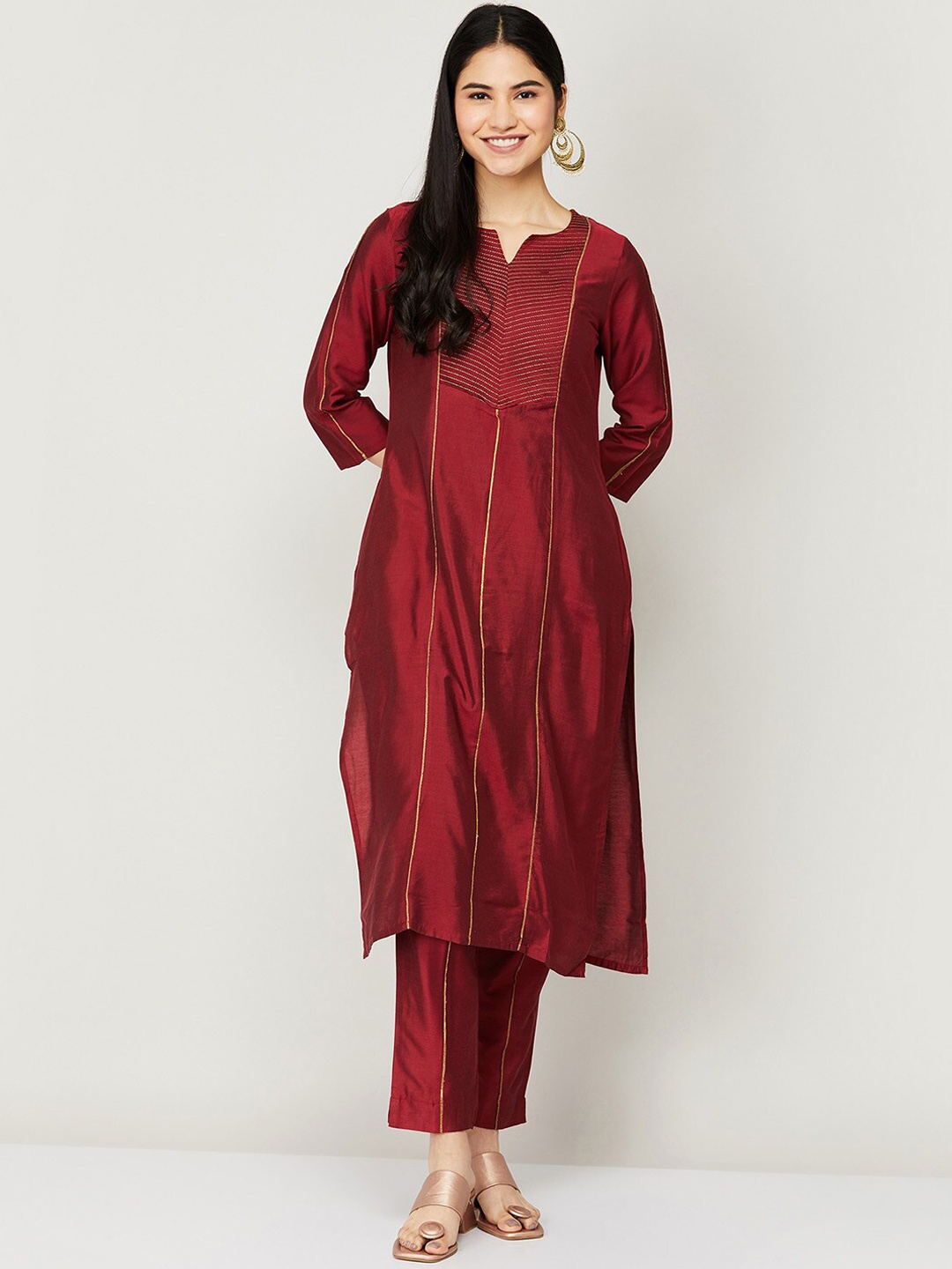 

Melange by Lifestyle Women Red Panelled Kurta with Trouser
