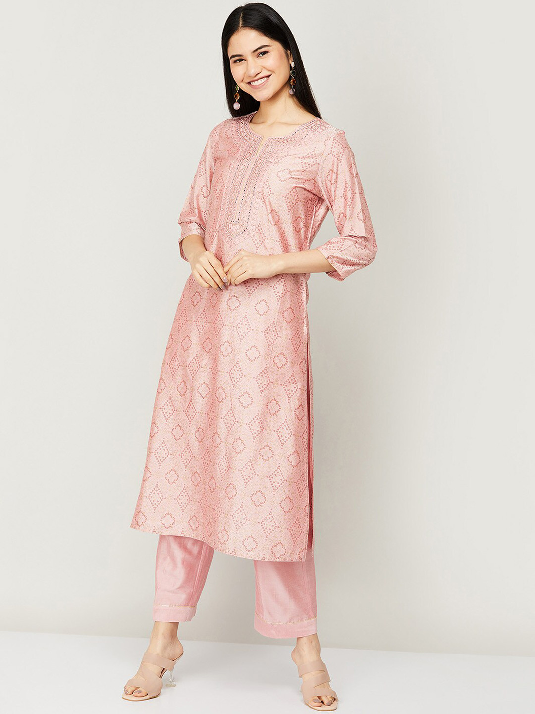 

Melange by Lifestyle Women Pink Ethnic Motifs Embroidered Kurti with Palazzos & With Dupatta