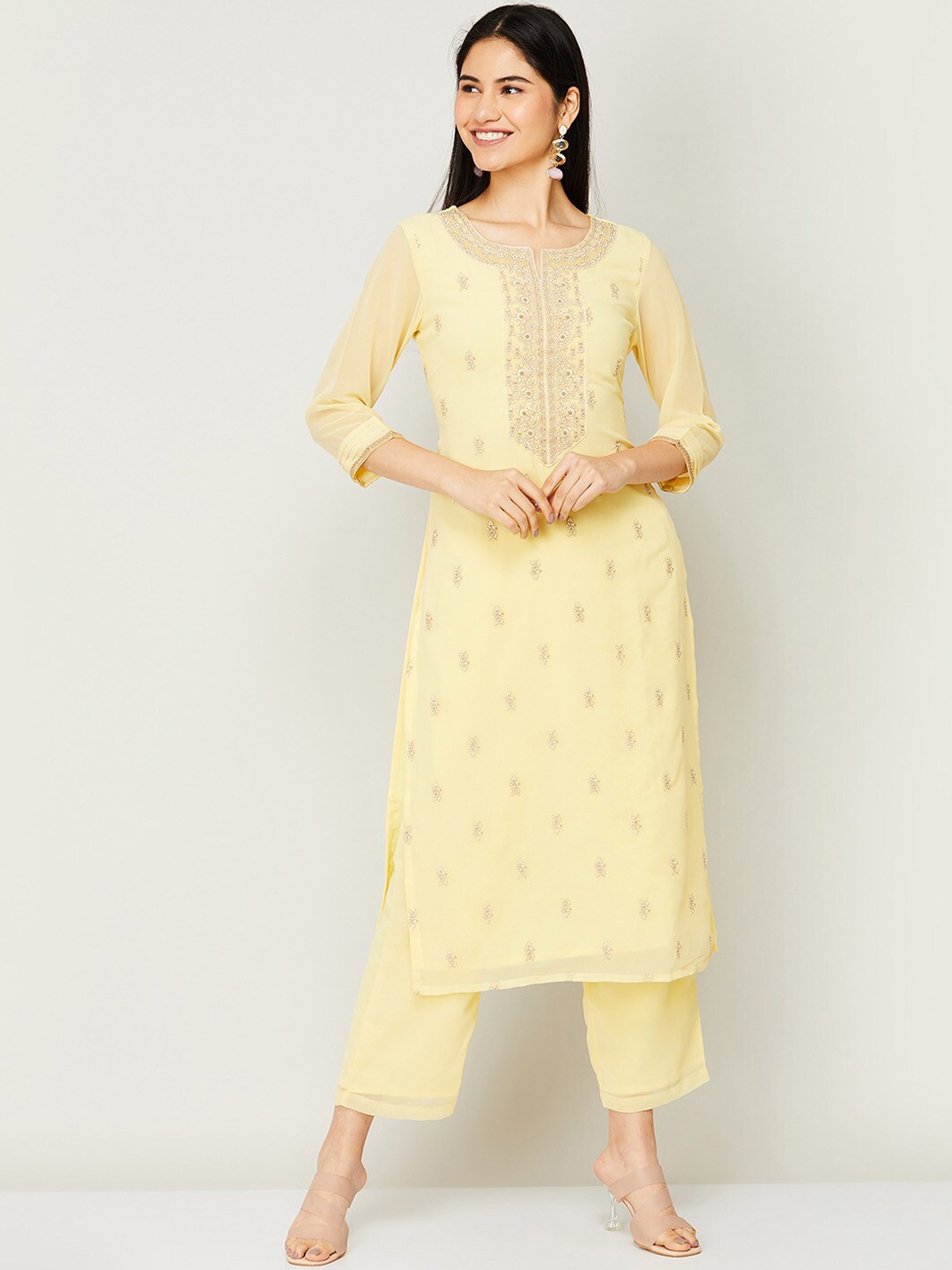 

Melange by Lifestyle Women Yellow Ethnic Motifs Embroidered Kurta with Palazzos & With Dupatta