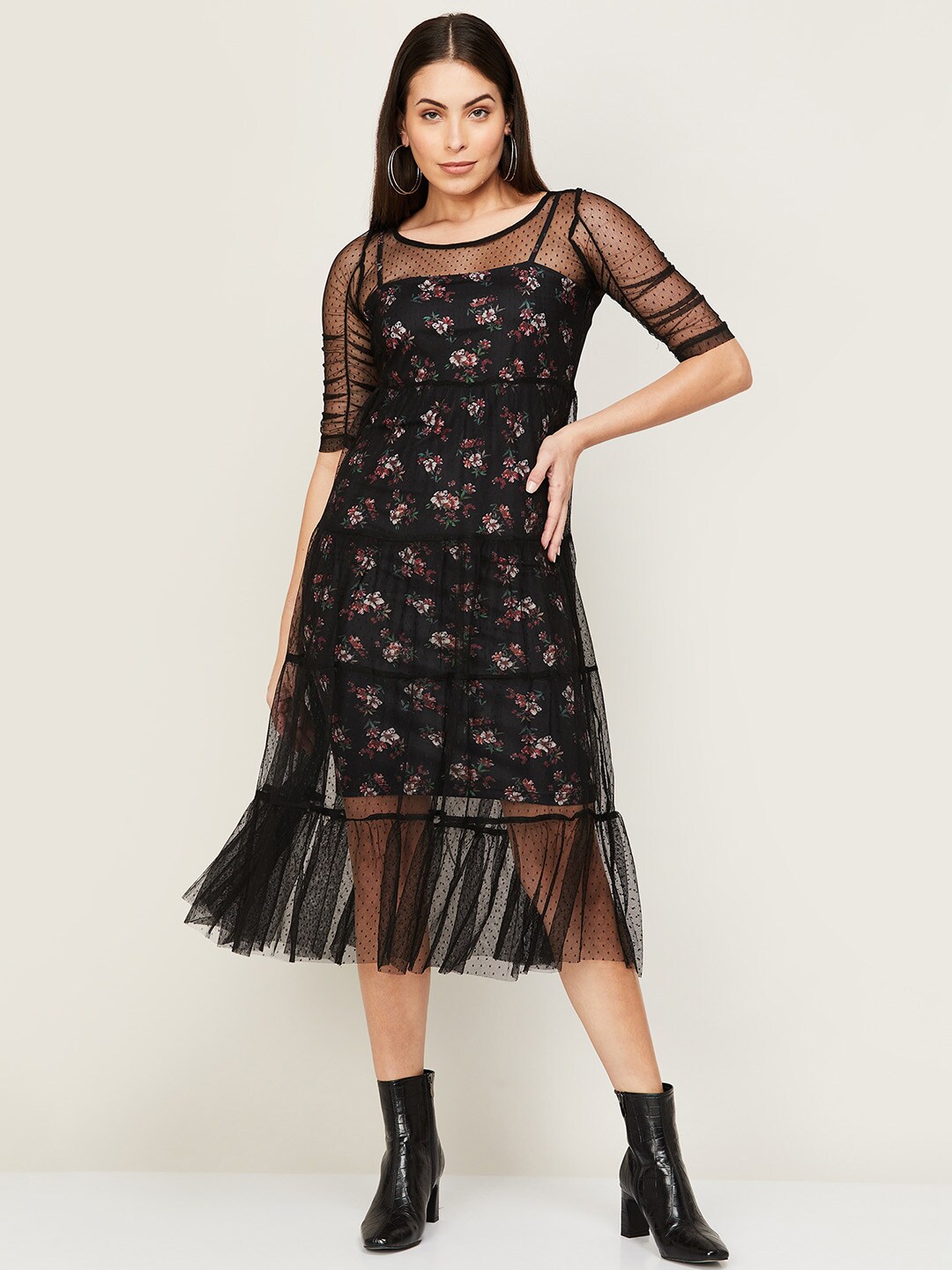 

CODE by Lifestyle Black Floral Bodycon Layered Net Dress