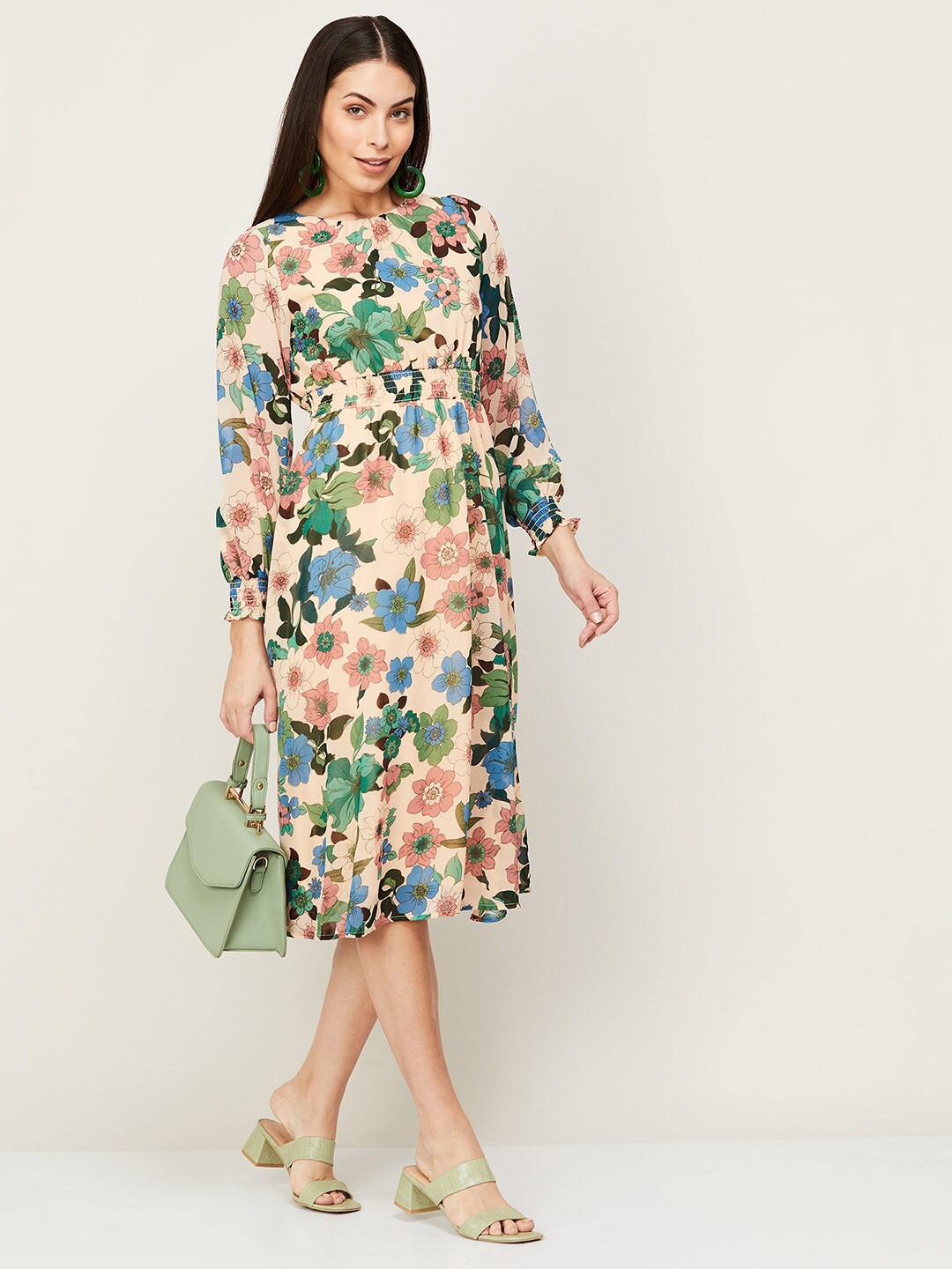 

CODE by Lifestyle Women Beige & Blue Floral Polyester Midi Dress
