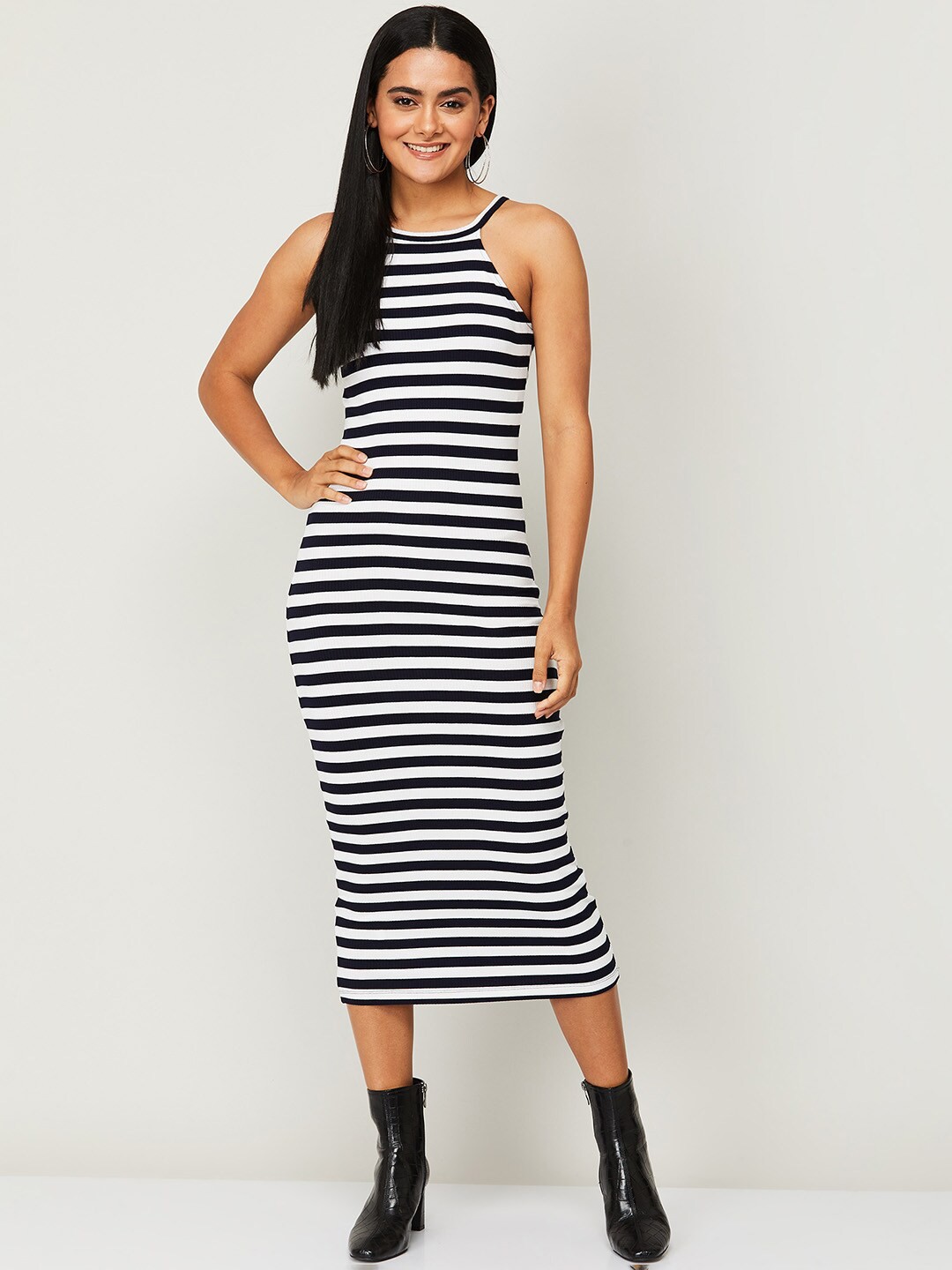 

Ginger by Lifestyle Navy Blue & White Striped Bodycon Midi Dress