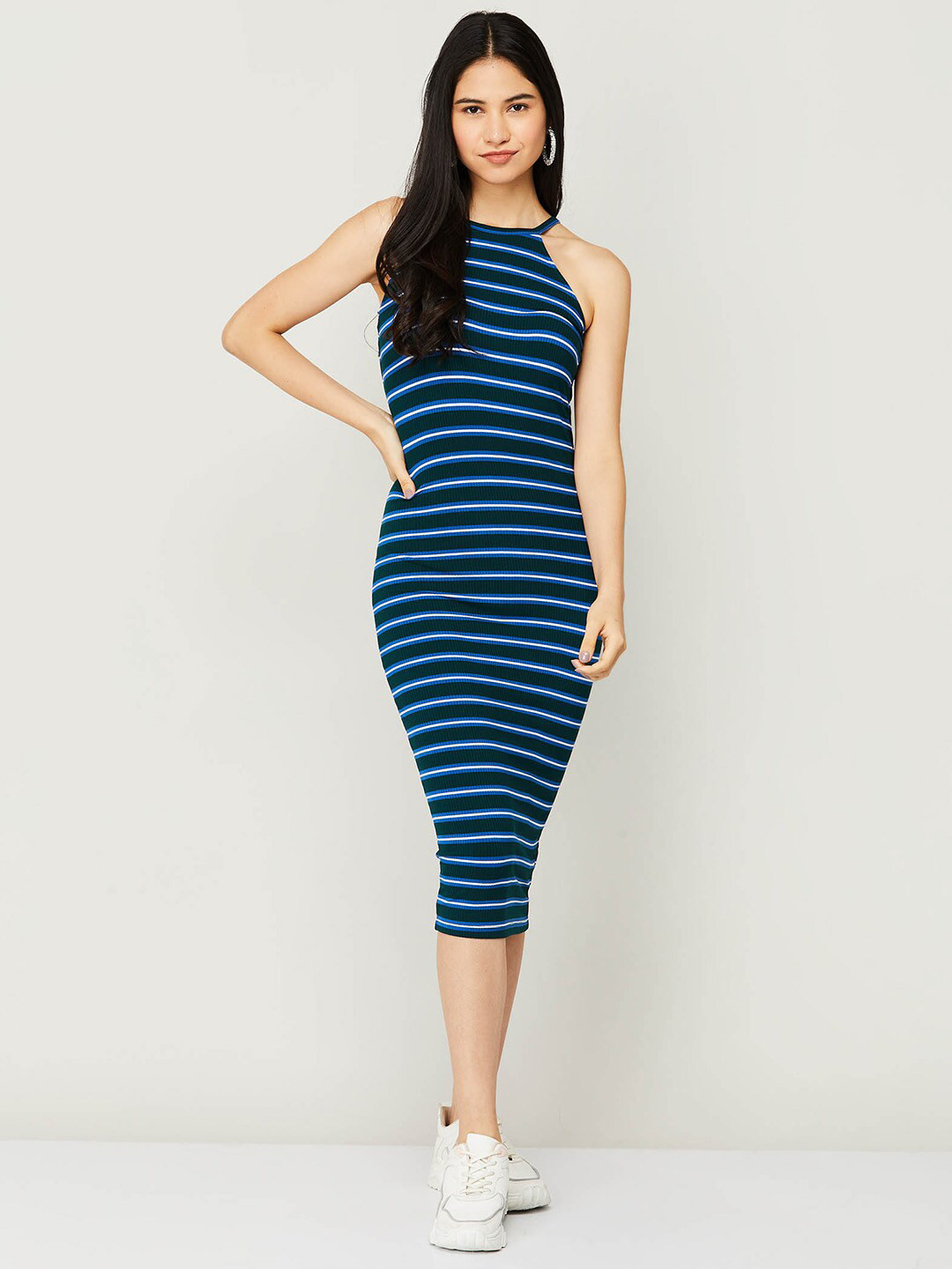 

Ginger by Lifestyle Black & Navy Blue Striped Bodycon Midi Dress