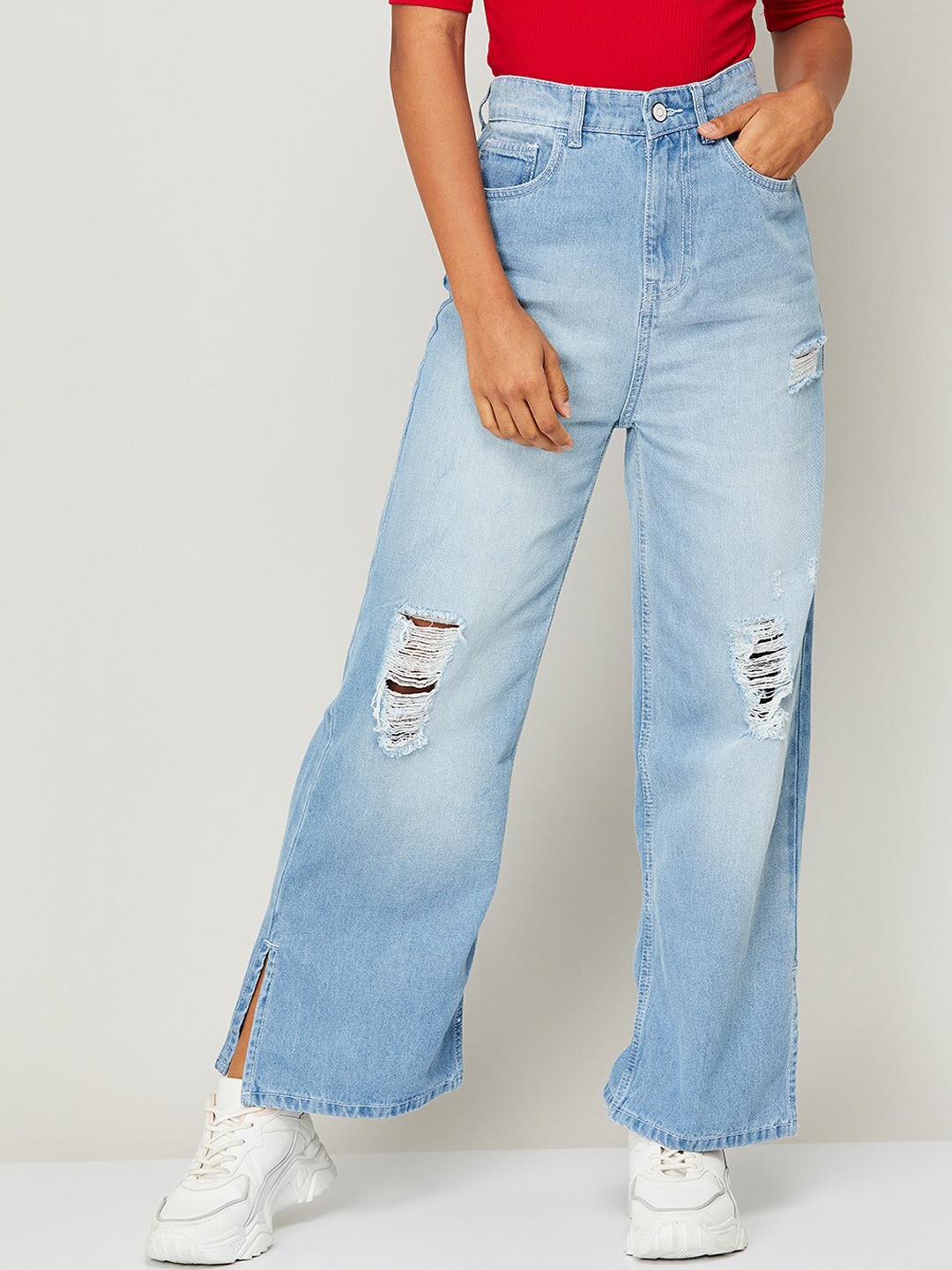 

Ginger by Lifestyle Women Blue Flared Slash Knee Light Fade Cotton Jeans