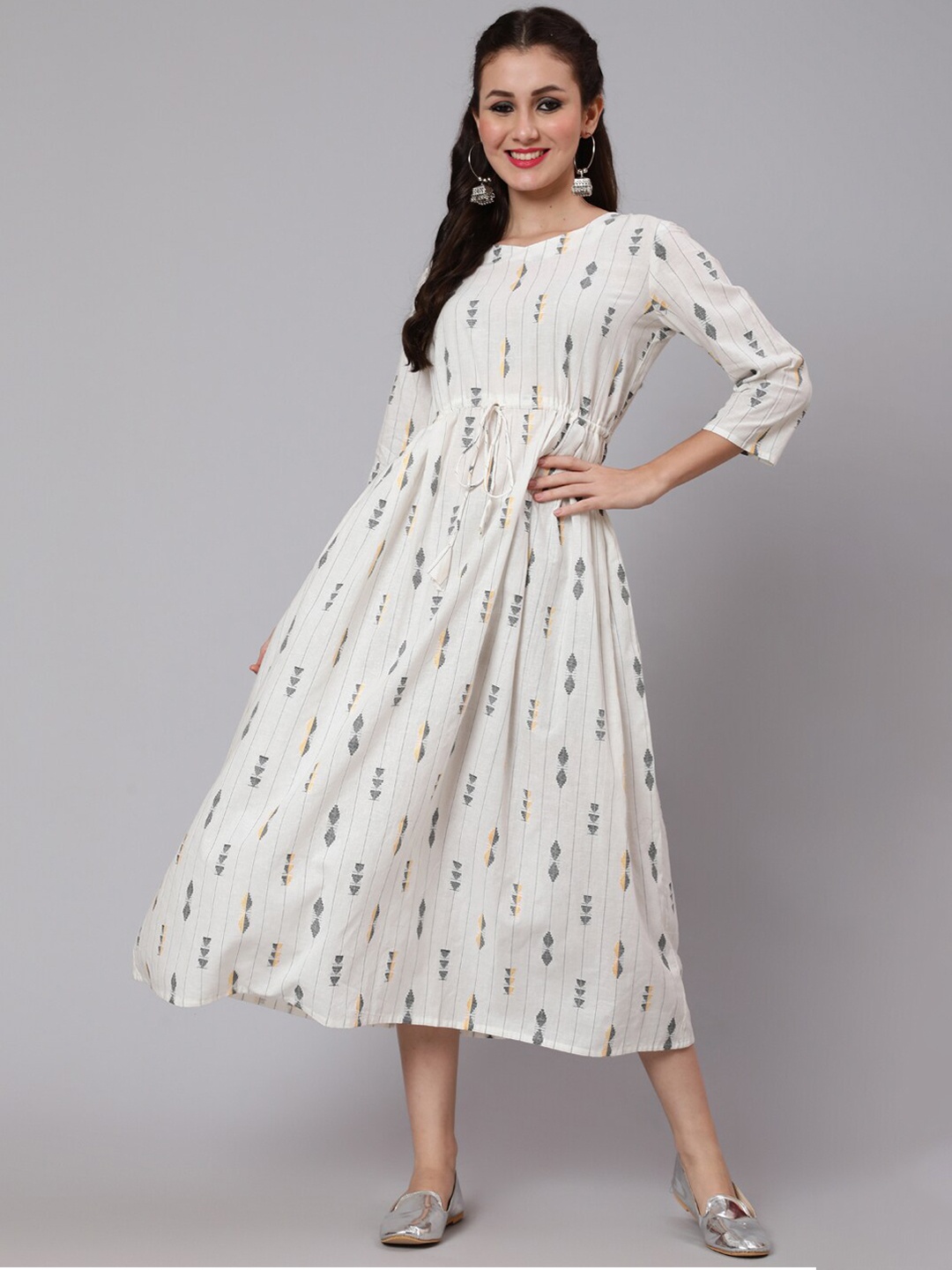 

Nayo White Geometric Ethnic Printed A-Line Midi Dress