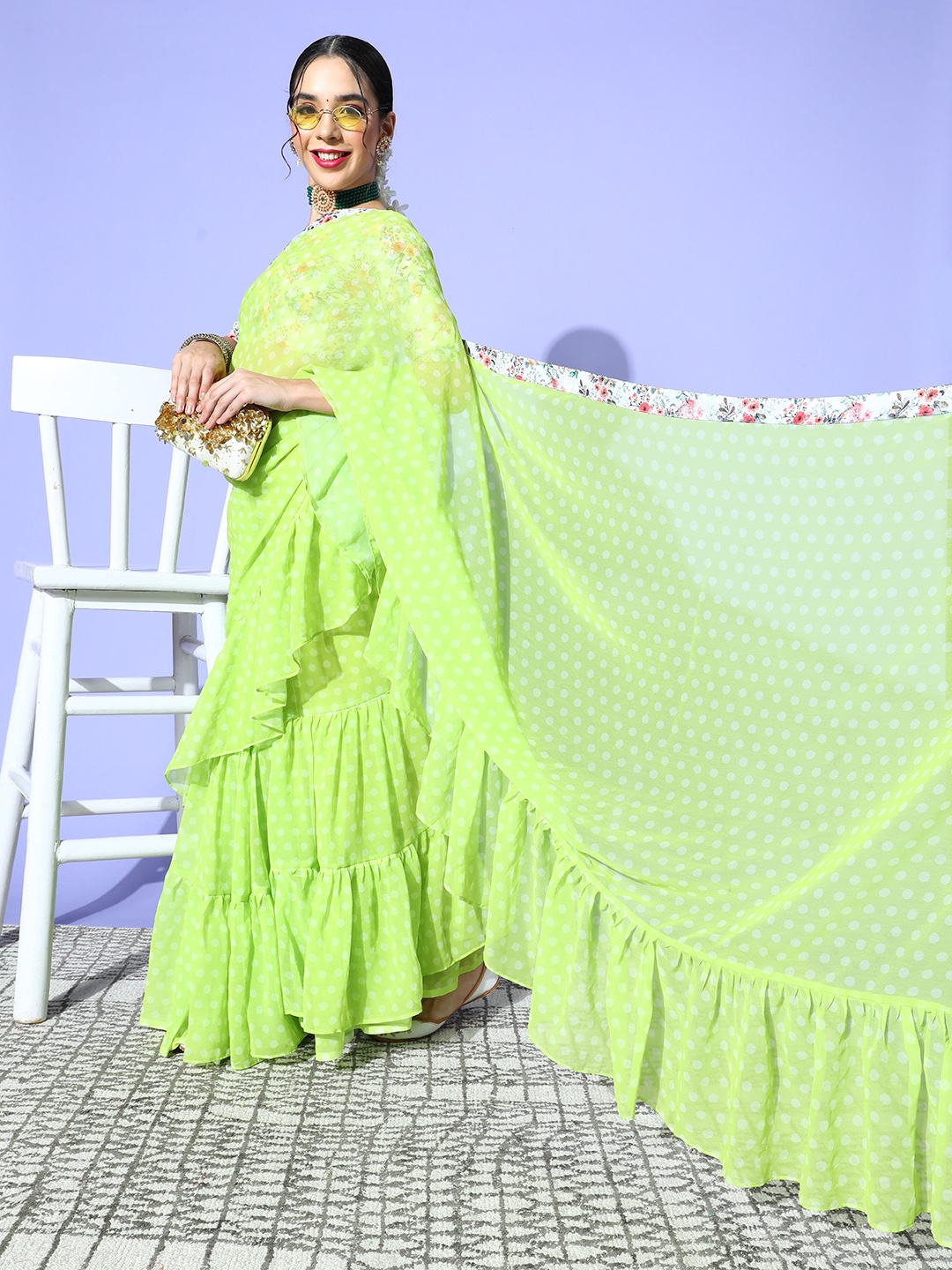 

Kalista Polka Dotted Saree with Solid border, Lime green