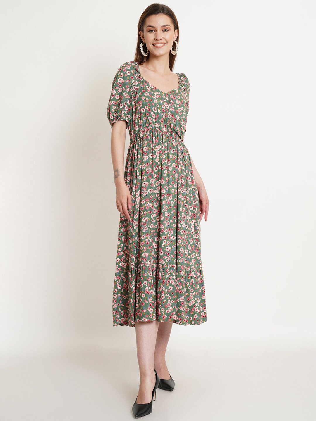 

IX IMPRESSION Women Green Floral Midi Dress
